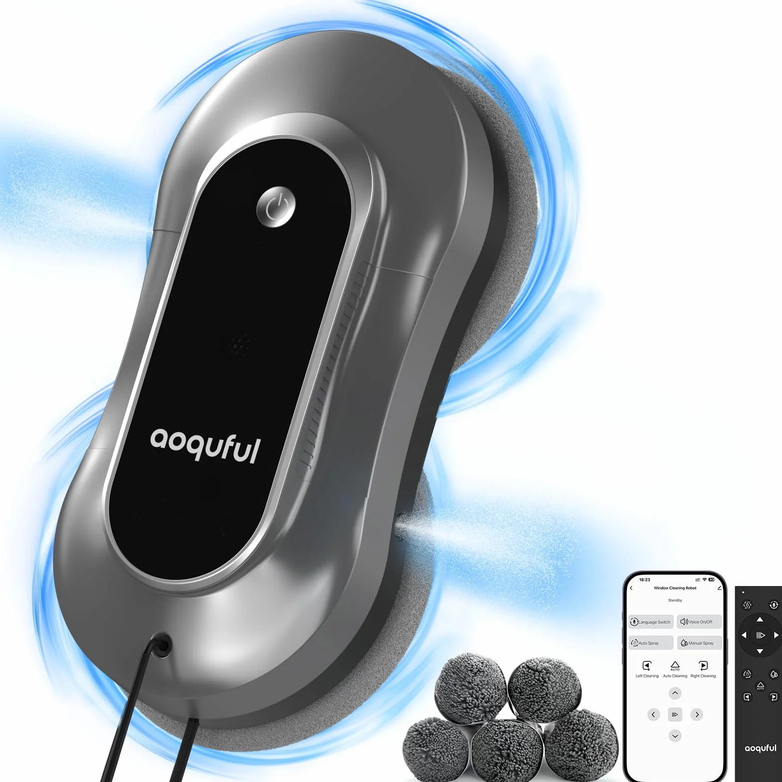 Robot Limpiacristales Inteligente, Limpiador Eléctrico de Ventanas con Doble Rociado de Agua, Control Remoto y por Aplicación, Para Ventanas Interiores y Exteriores, Planificación de Ruta, Gris