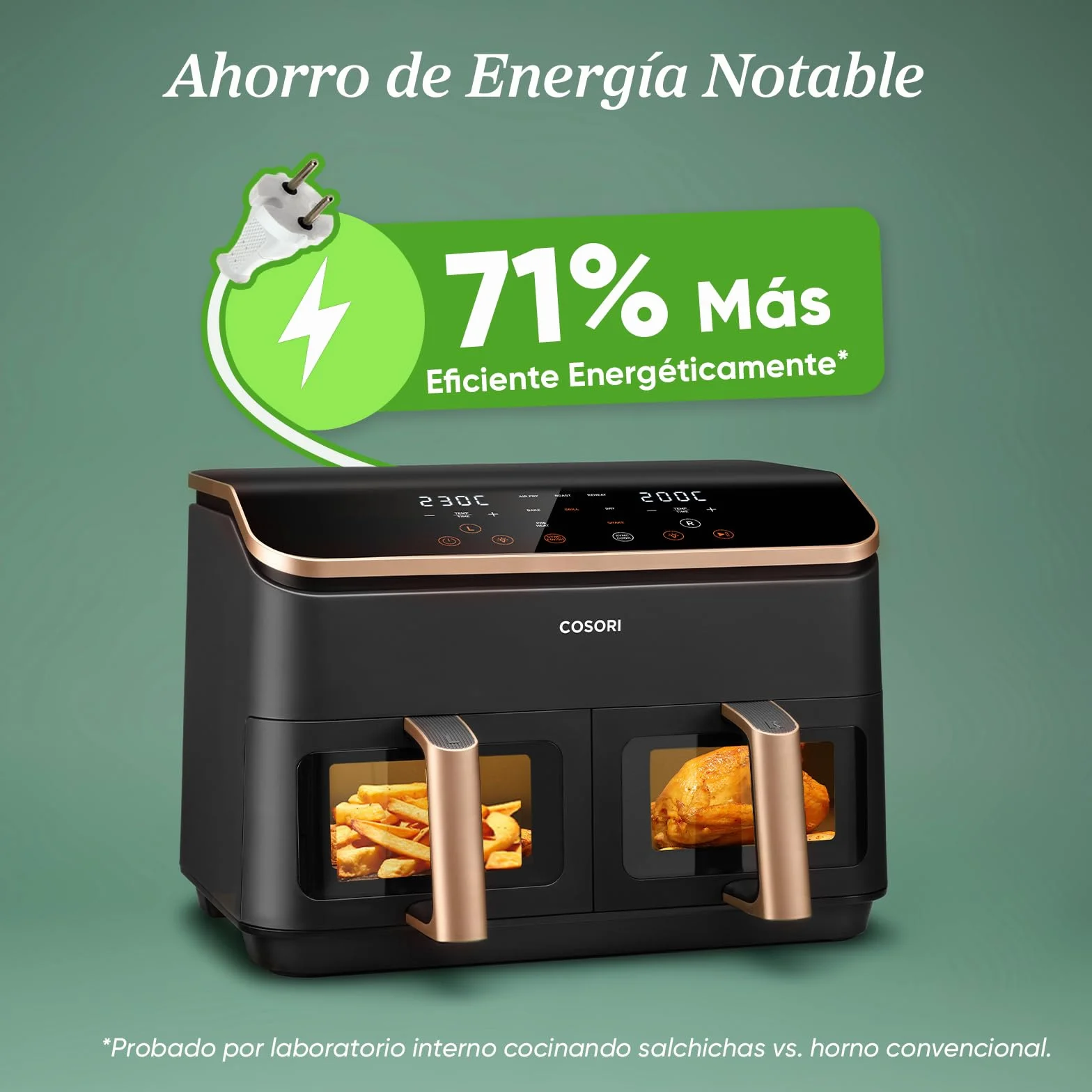 Cosori Freidora de Aire 8,5L, Doble Cesta con Ventana, 10 Funciones, Oro | Ventana para Ver Fácilmente, Interior Metálico Más Seguro, 2 Platos a la Vez, Alta Potencia y 55% de Eficiencia, Bajo Ruido