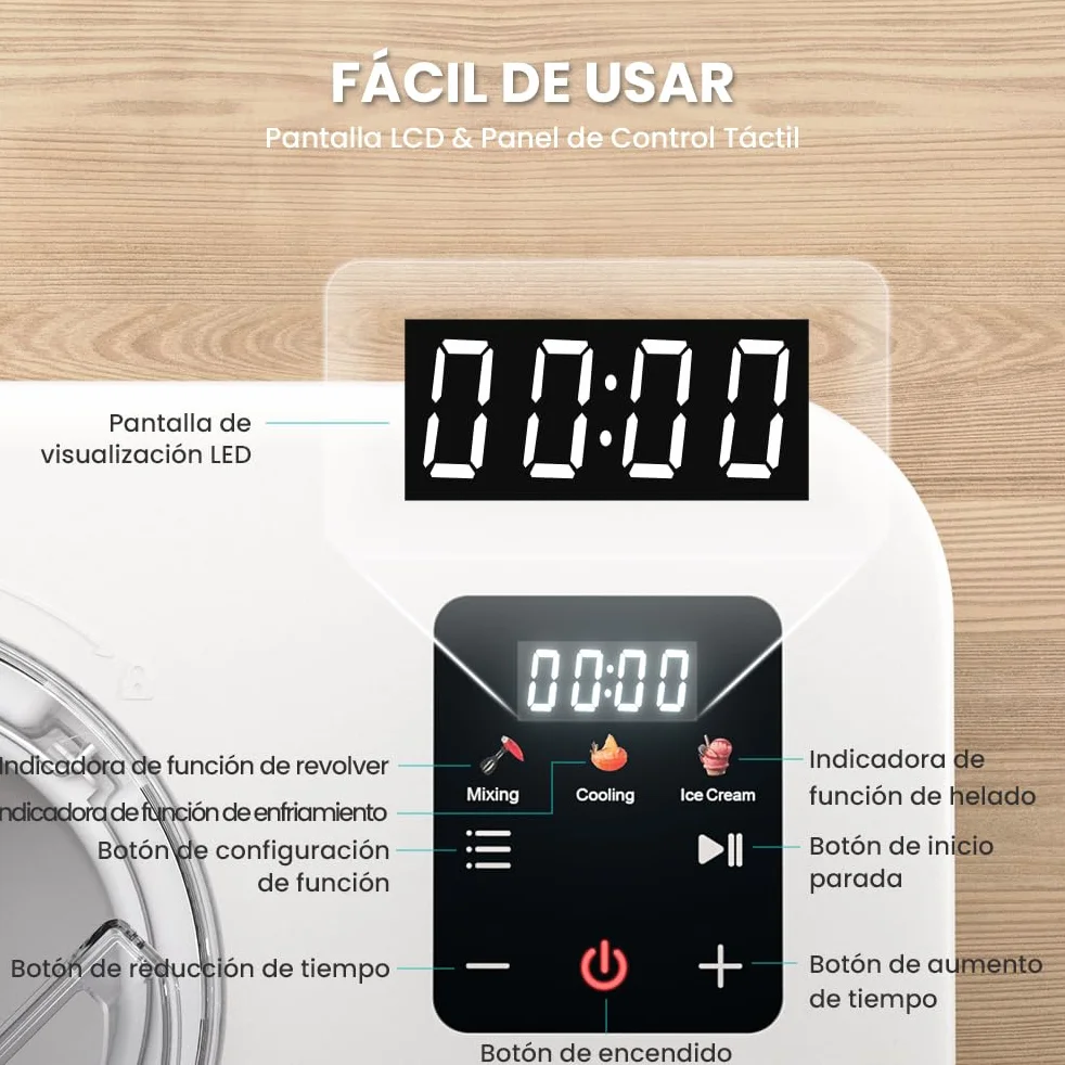 Máquina Para Hacer Helados con Compresor 1,2L, Heladera Eléctrica, Heladera Profesional, 110W, Pantalla Táctil, Cubo de Aluminio Extraíble, Receta & Cuchara, No Requiere Precongelación