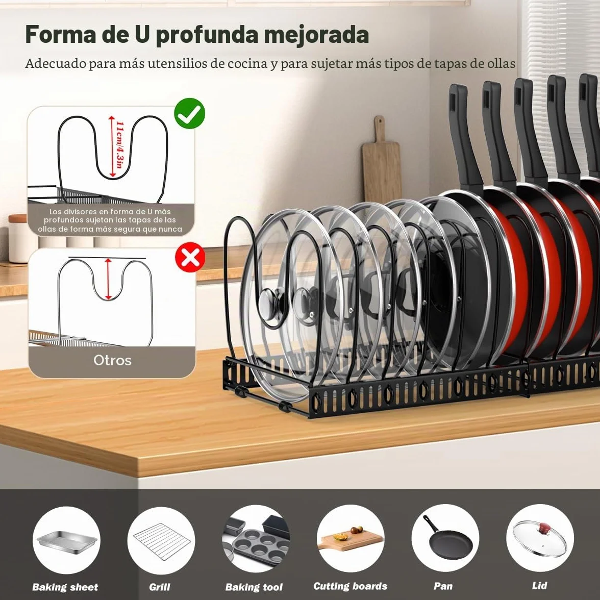 Organizador de Ollas y Sartenes Extensible con 14 Compartimentos Ajustable Soporte Tapas Negro
