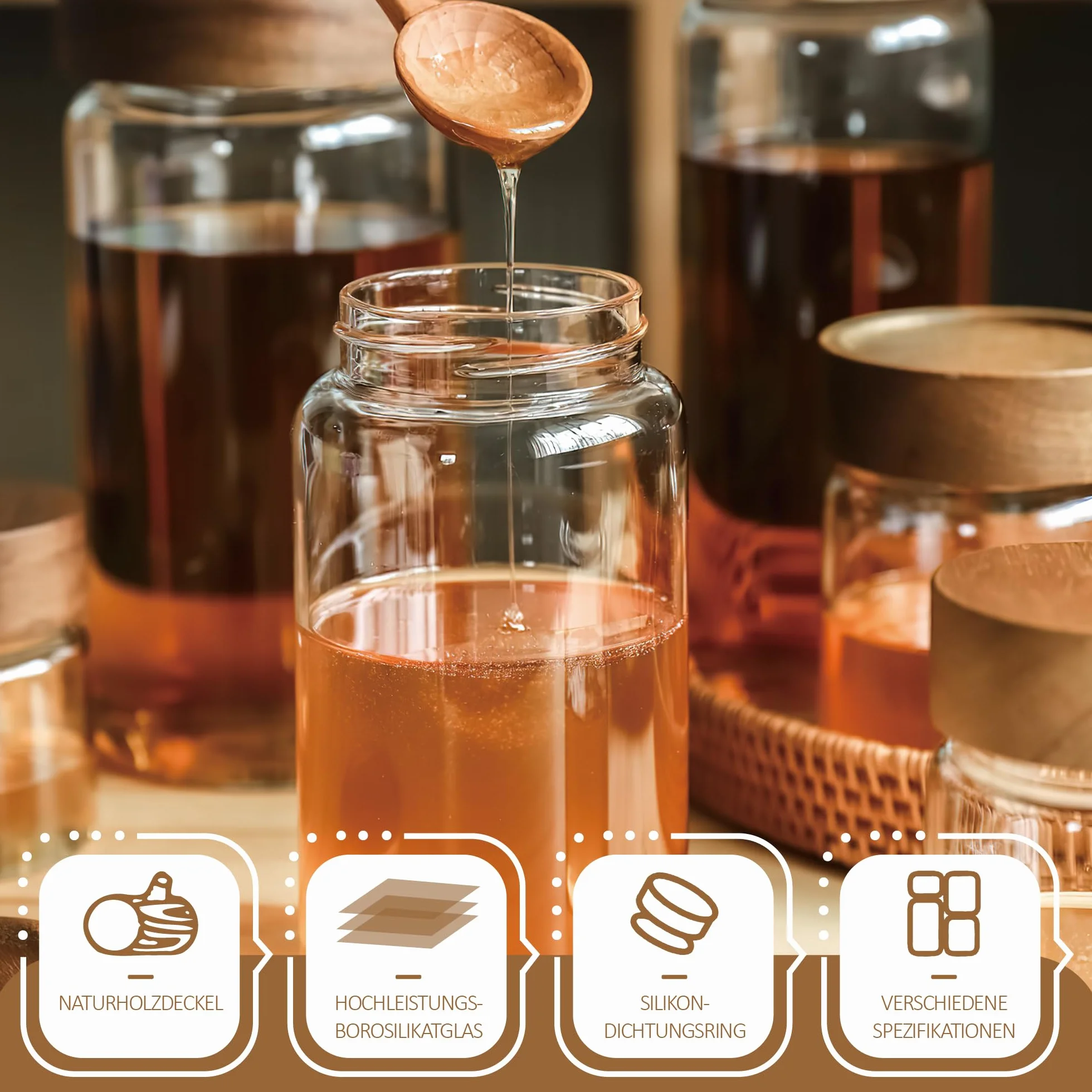 Juego de 3 tarros de almacenamiento con tapa, herméticos, 1500 ml, grandes, con tapa de madera en espiral, para cereales, té, granos de café, pasta, pasta, harina, ova overnight oat