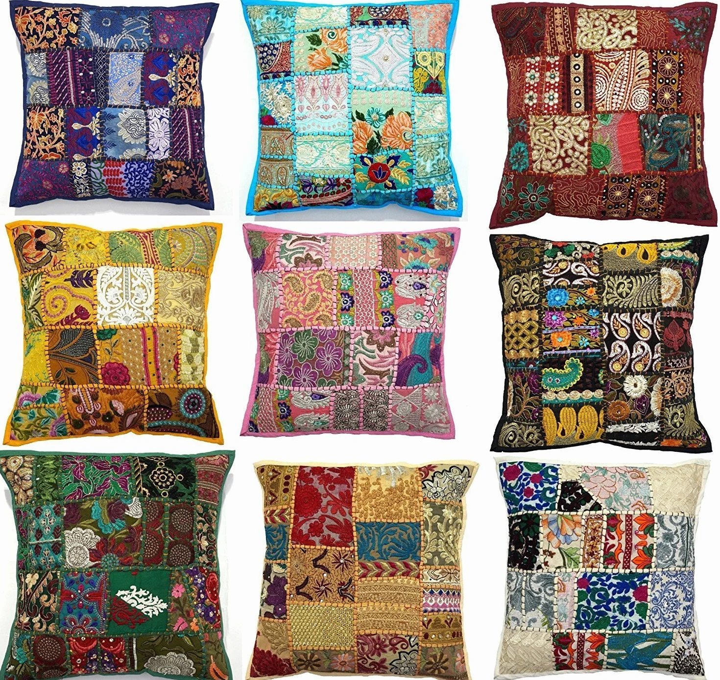 10 fundas de cojín bordadas con diseño de Sari, 43 x 43 cm, hechas a mano, con mosaico de Sari, diseño hindú y étnico