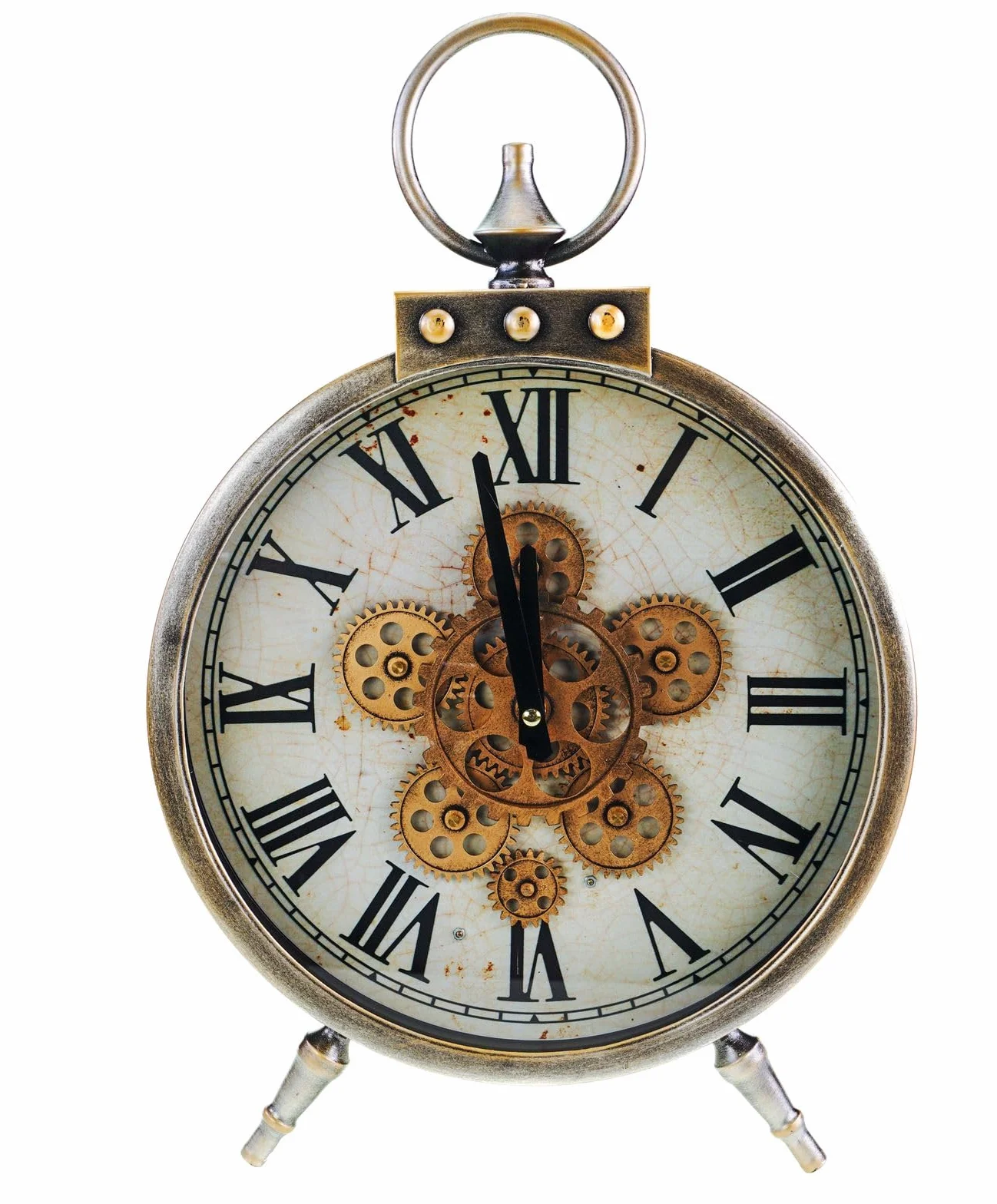 Kremers Schatzkiste Reloj de pie Antiguo con Ruedas dentadas visibles móviles, 48 cm, Reloj de Metal, Funciona con Pilas, Reloj Decorativo Industrial, Estilo Vintage, Reloj Moderno