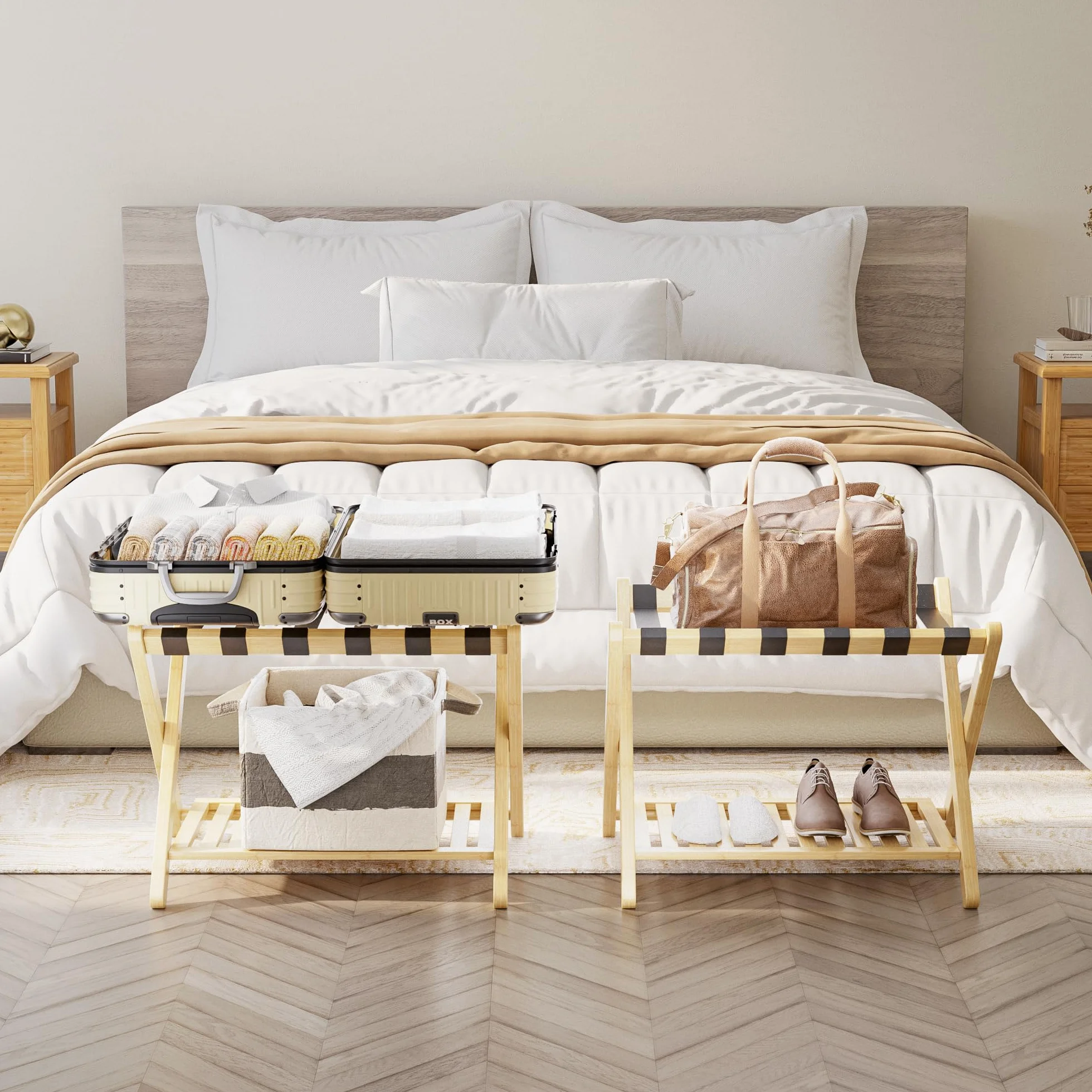 SMIBUY portaequipajes, plegable para maleta de bambú con estante de almacenamiento para habitación, dormitorio, hotel, servicio pesado (natural y negro)