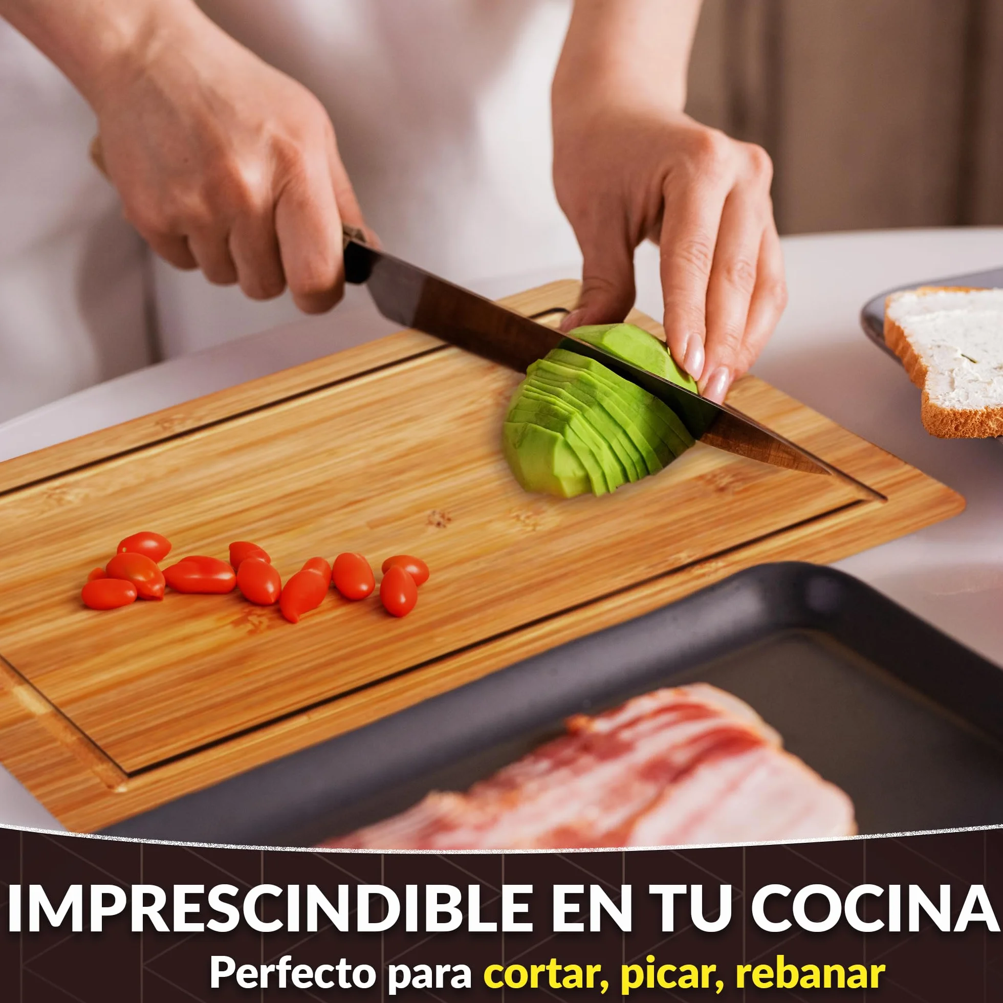 Tabla Cortar Cocina Madera Bambú 35x25x1cm Set 3 Cuchillos Profesional