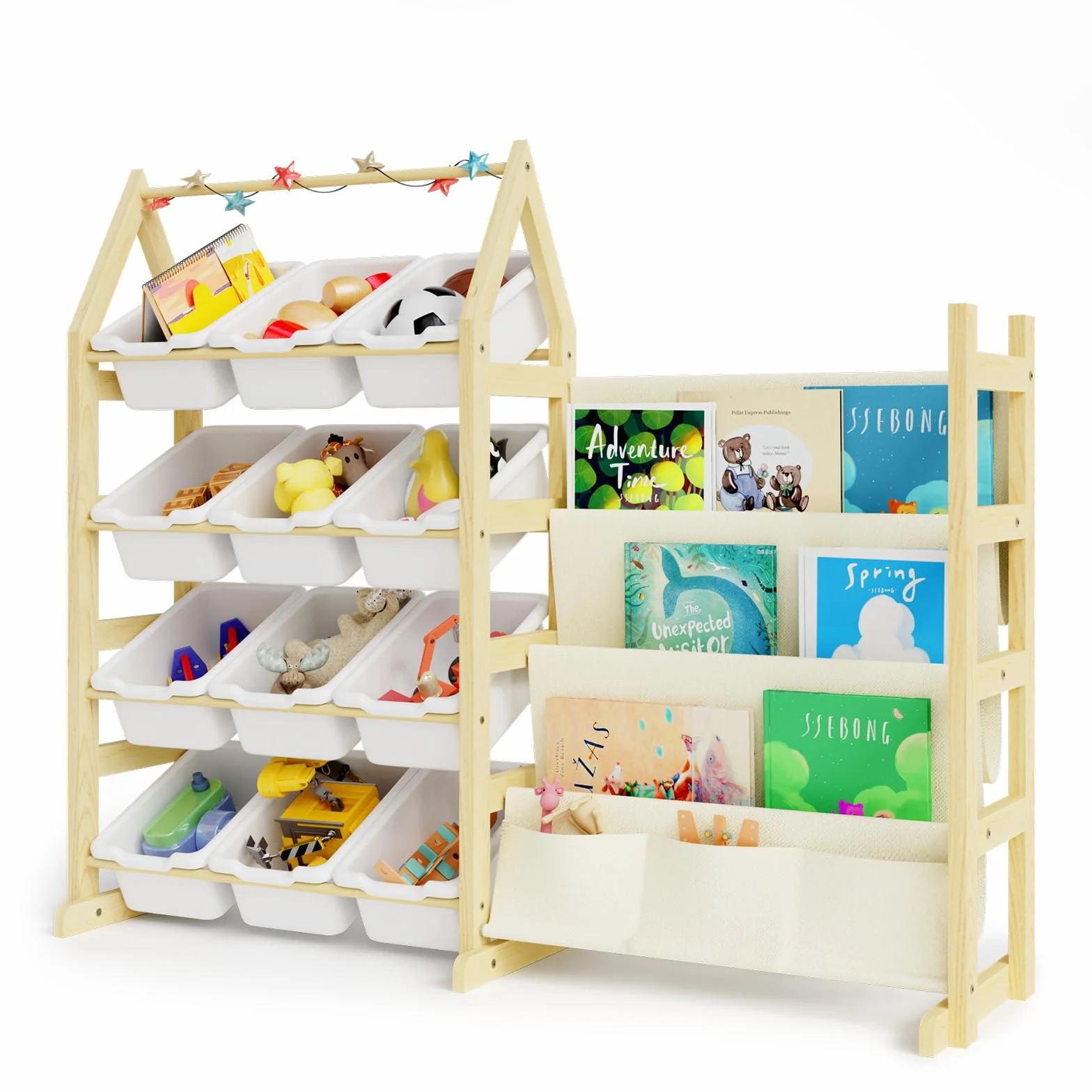 4 Niveles Organizador Juguetes Libreria Infantil Madera, con 12 Caja Almacenaje Juguetes, Mueble Juguetes Estanteria Libros Infantil Montessori, para Dormitorio, Habitación Niños, Sala Juego