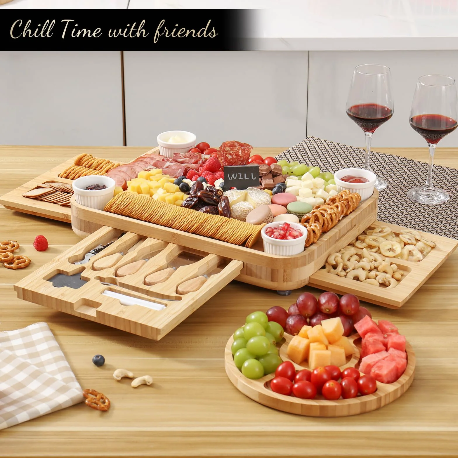 KHINYA Tablas de charcutería, juego de tablas de queso, tabla de charcutería con tapa, regalos para mujeres, plato de queso para inauguración de la casa, práctico diseño de tapa con asa (3 cajones,