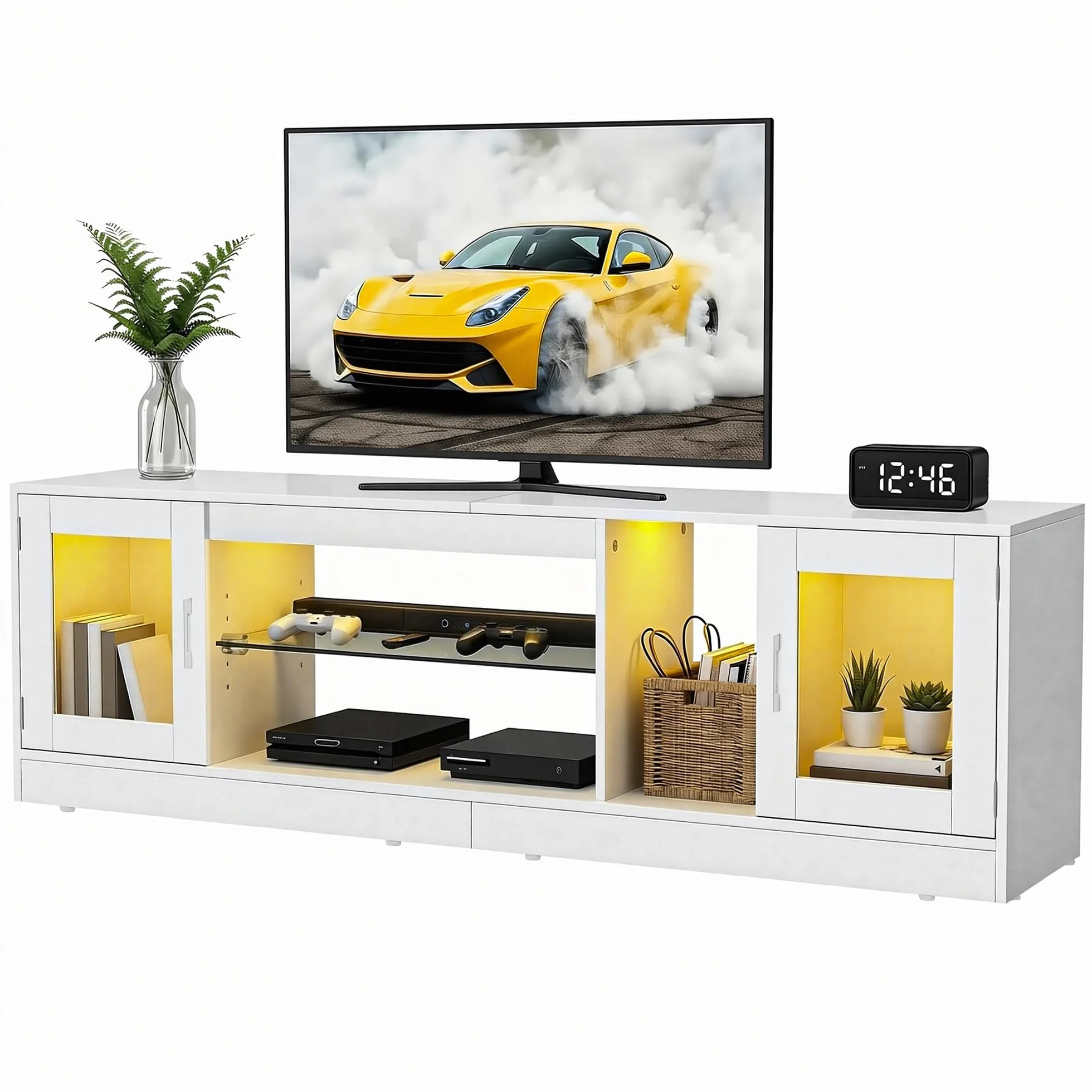 YITAHOME Mueble de TV de 180 cm con 7 LED RGB, mueble bajo para TV con 2 armarios cerrados, 3 estantes abiertos y estante de cristal ajustable, moderno centro de entretenimiento para salón, 180 x 32 x