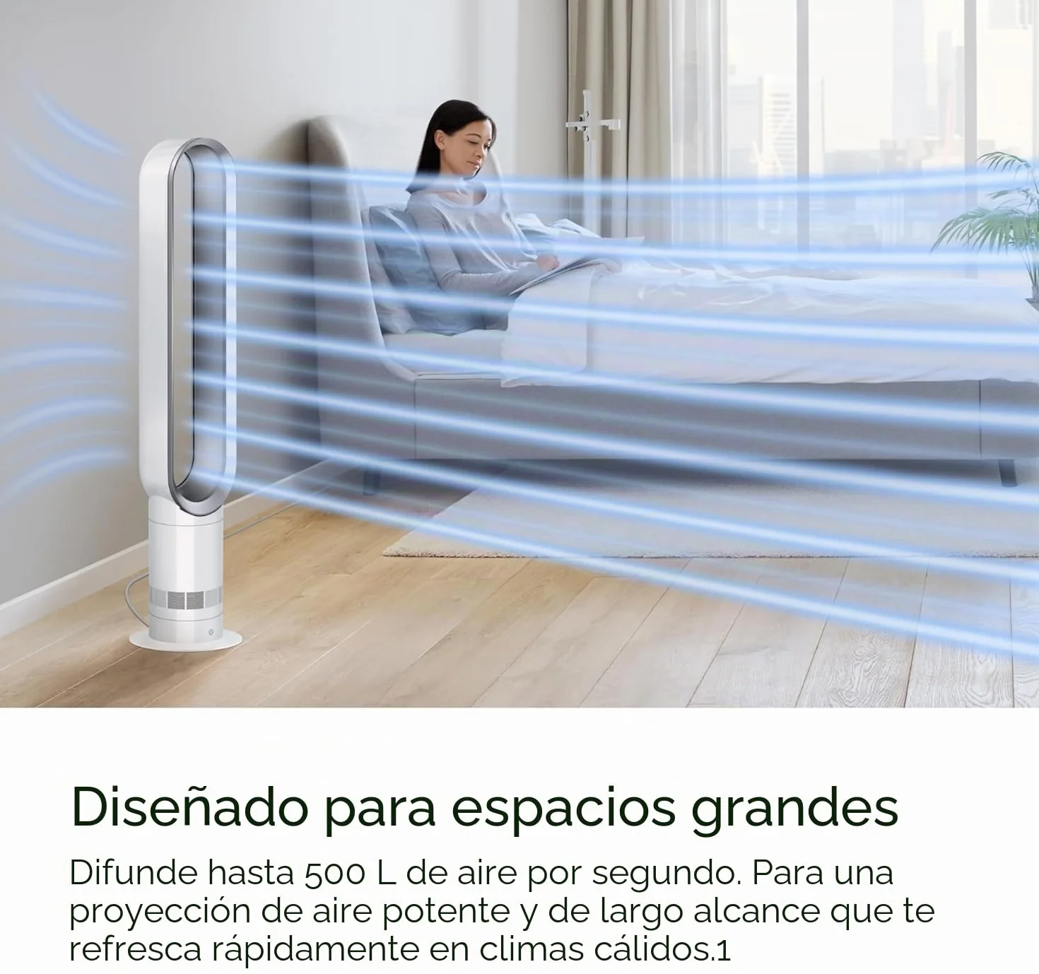 Dyson Cool AM07 - Ventilador de pie para dormitorio, mando a distancia, 100 cm, 9 horas temporizador, silencioso, 48 dB, ahorro de energía, blanco/plateado