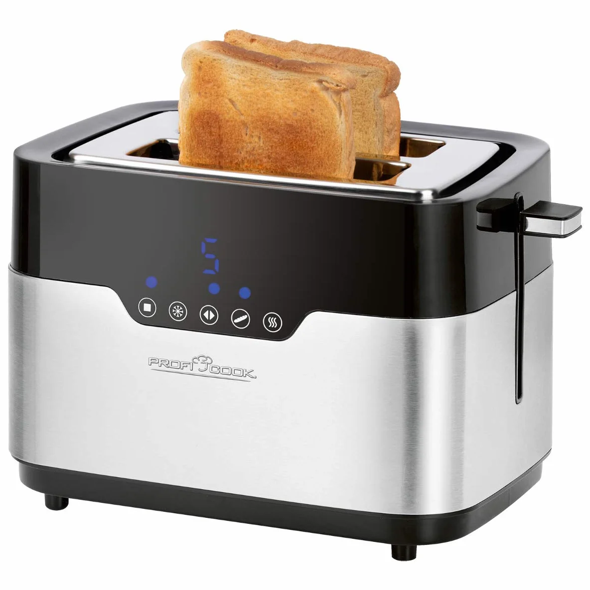 ProfiCook PC-TA 1170 Tostadora de 2 discos, Sensor Touch, Soporte para panecillos, Cajón para migas, Función de centrado, Almacenamiento compacto, 7 niveles de bronceado, Negro