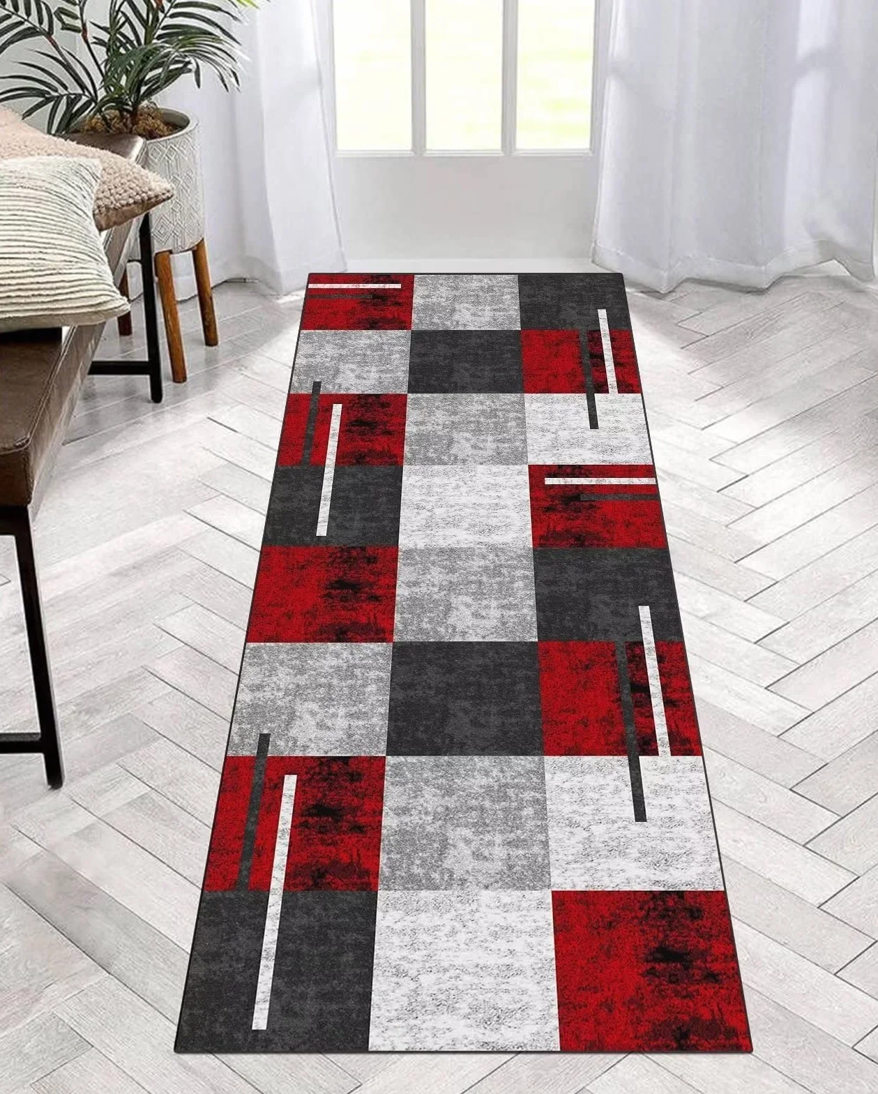 Alfombra antideslizante para pasillo, color rojo y gris, 120 x 200 cm, alfombra de pasillo moderna para cocina, sala de estar, lavable, larga, 40 a 120 cm de ancho