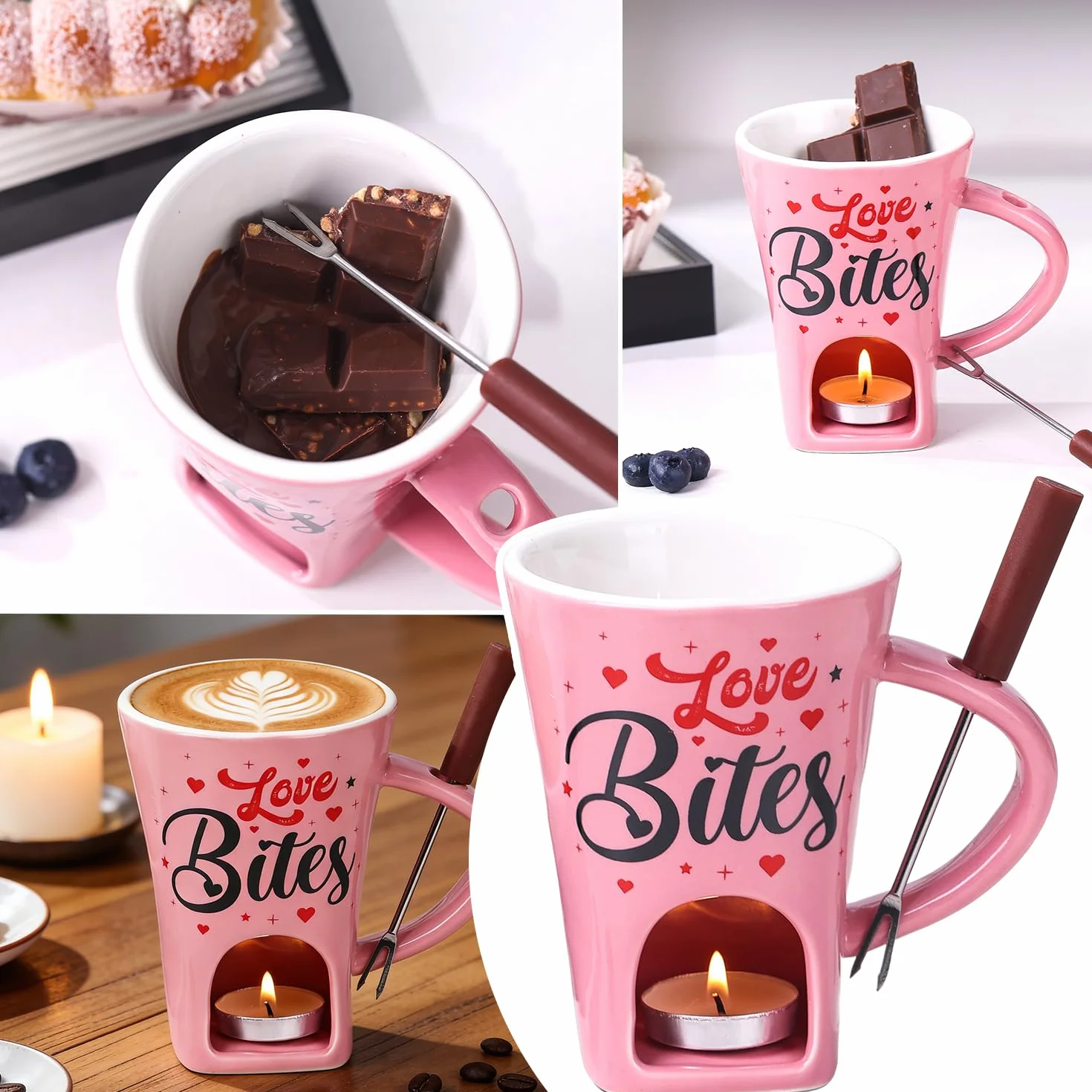 Juego de Fondue de Chocolate de Cerámica 200ML con Tenedor y Vela de Té