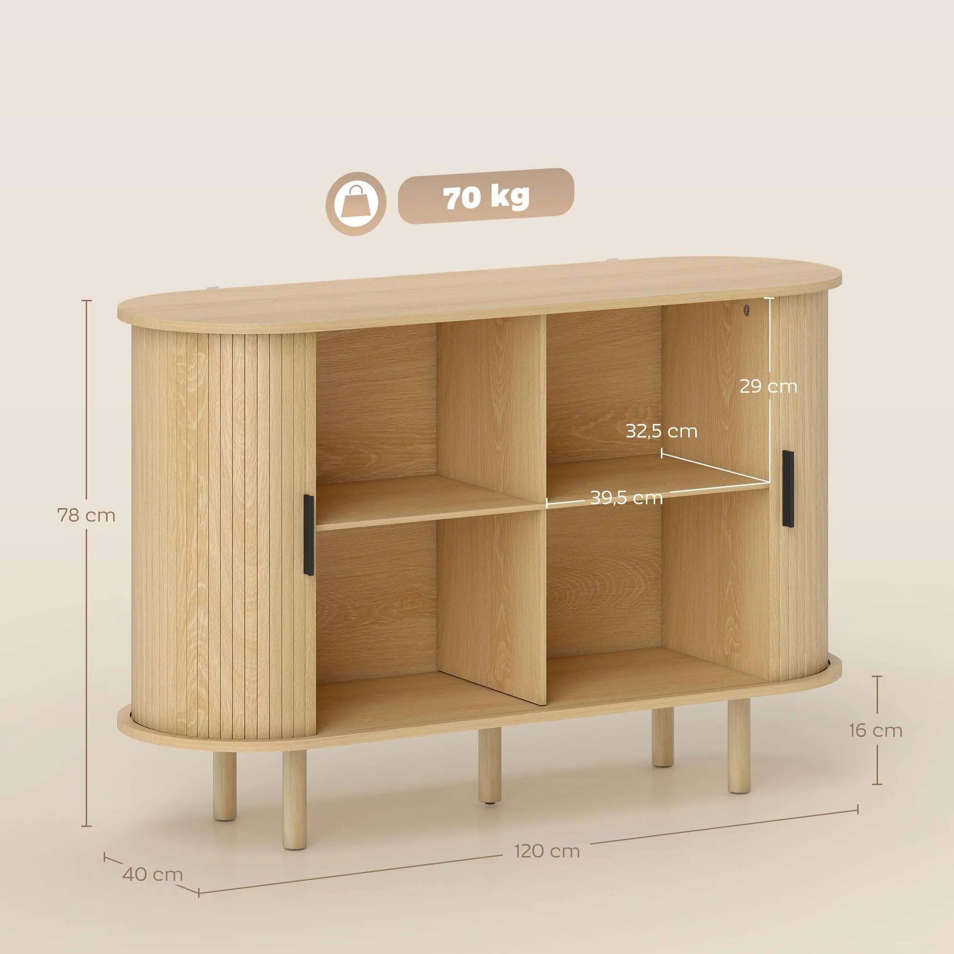 HOMCOM Aparador con Puertas Tambour Deslizantes, 4 Compartimentos, Patas de Madera, Roble, 120x40x78 cm