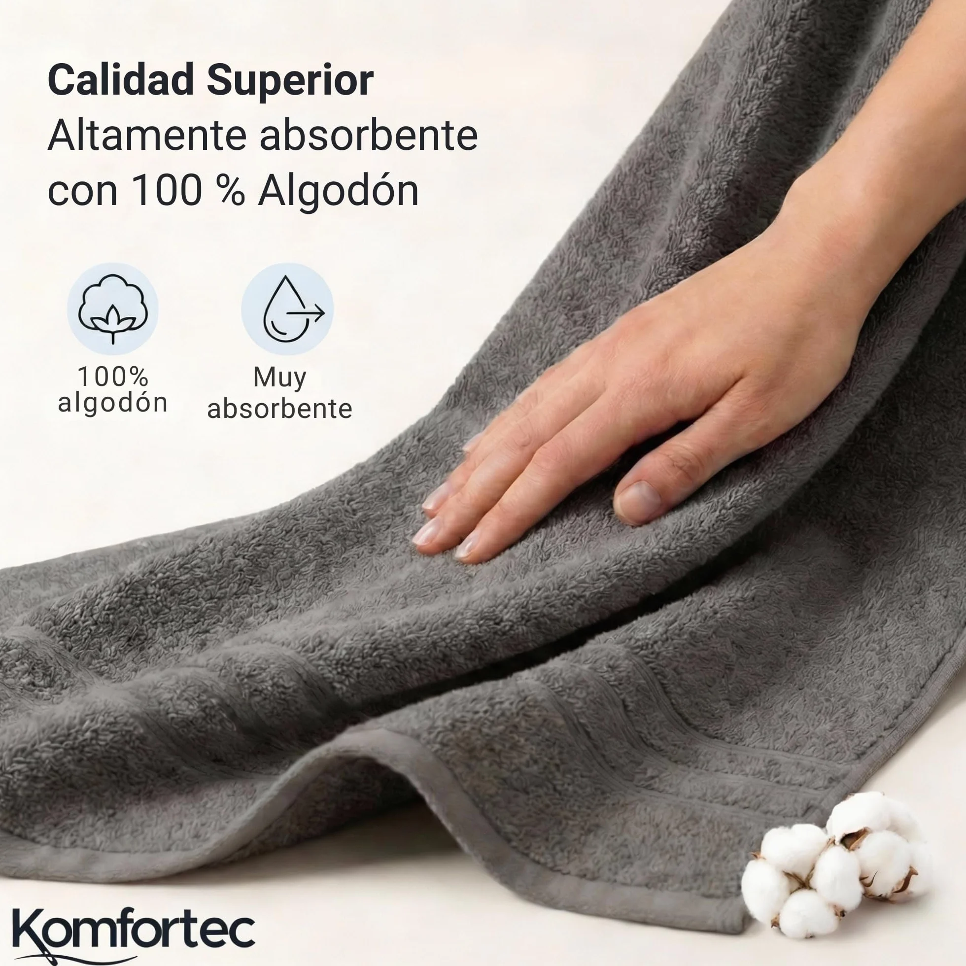 Komfortec Juego de Toallas 8 Piezas | 4 Toallas de Baño 70x140 cm y 4 Toallas 50x100 cm, 100% Algodón, Suaves y Absorbentes, OEKO-TEX, Antracita