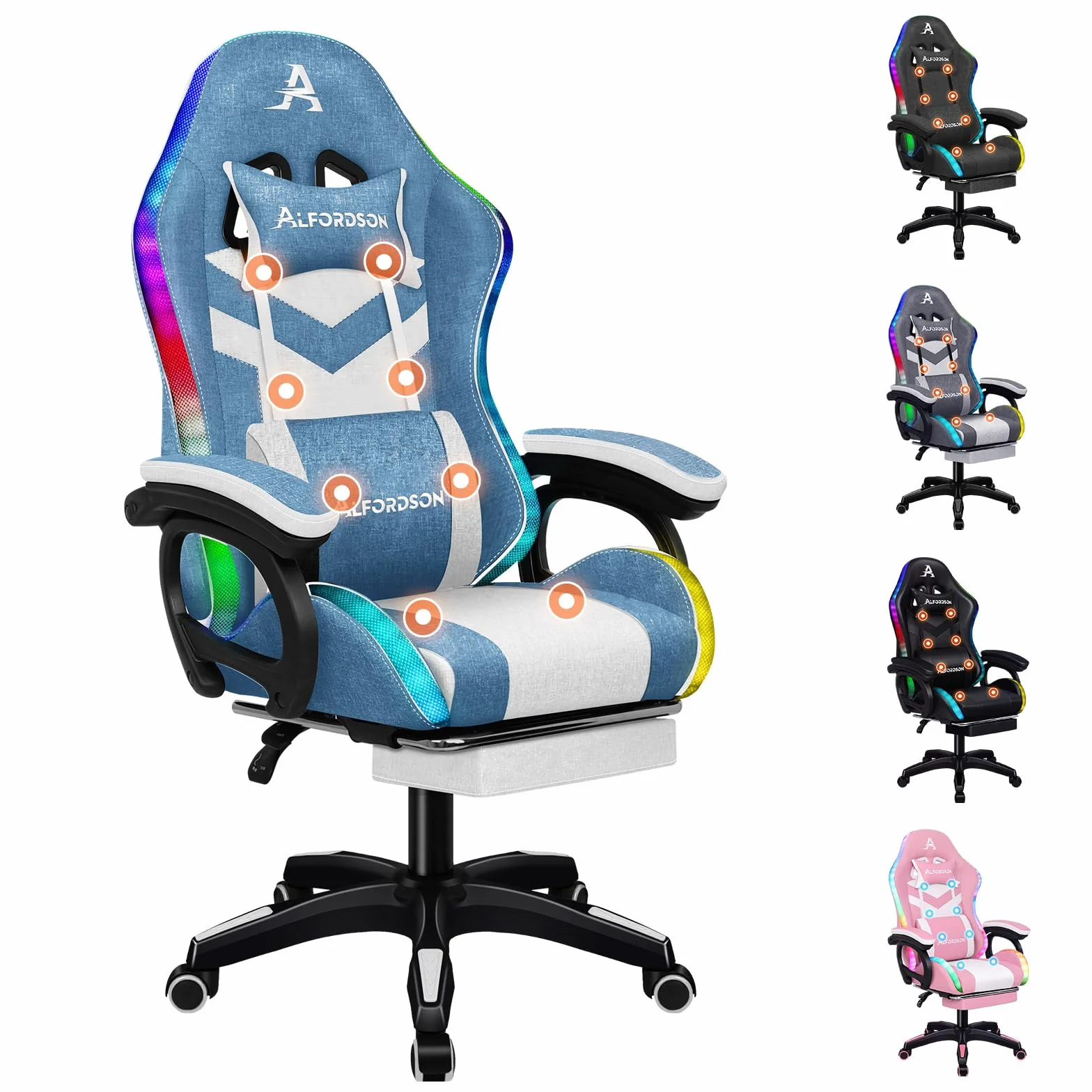 ALFORDSON Silla Gaming con Masaje y LED, Silla Gamer Ergonómica con Cojín Lumbar y Cervical, Reposapiés Telescópico, Iluminación para Ordenador, Videojuego, Juegos, Oficina, Lino(Azul y Blanca)