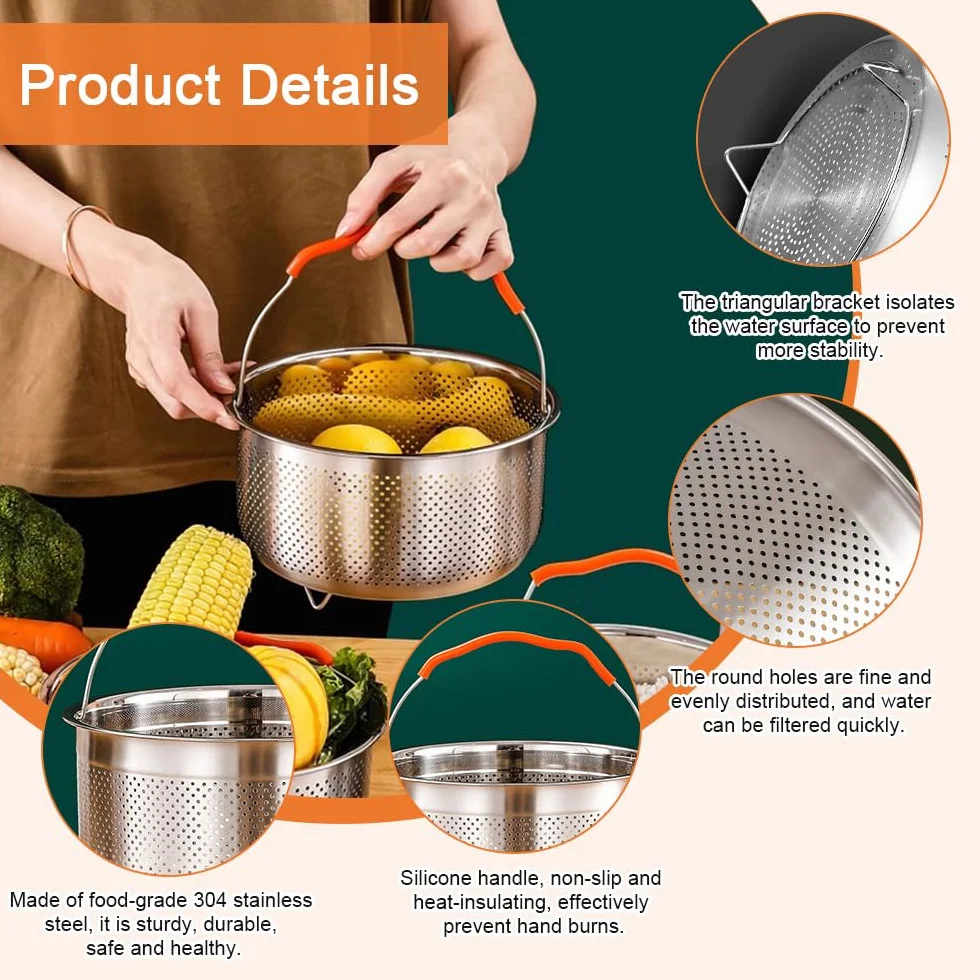 Cesta de Vapor Acero Inoxidable 2L 17.5cm para Olla Presión Multiusos con Mango
