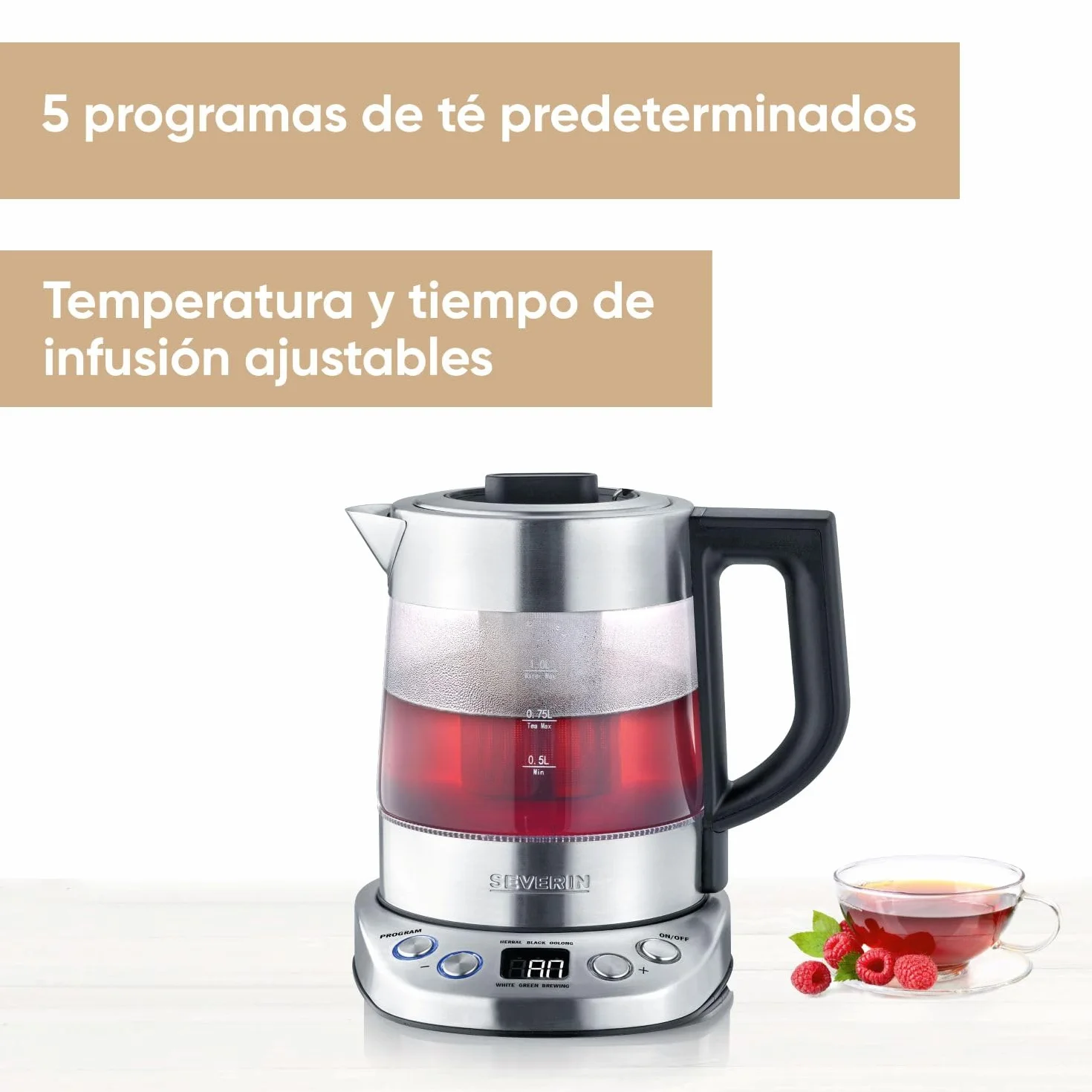 SEVERIN Tetera y hervidor de agua Deluxe Mini, tetera eléctrica de cristal para hasta 1,0 L, tetera pequeña con temperatura ajustable, color acero cepillado/negro, WK 3473