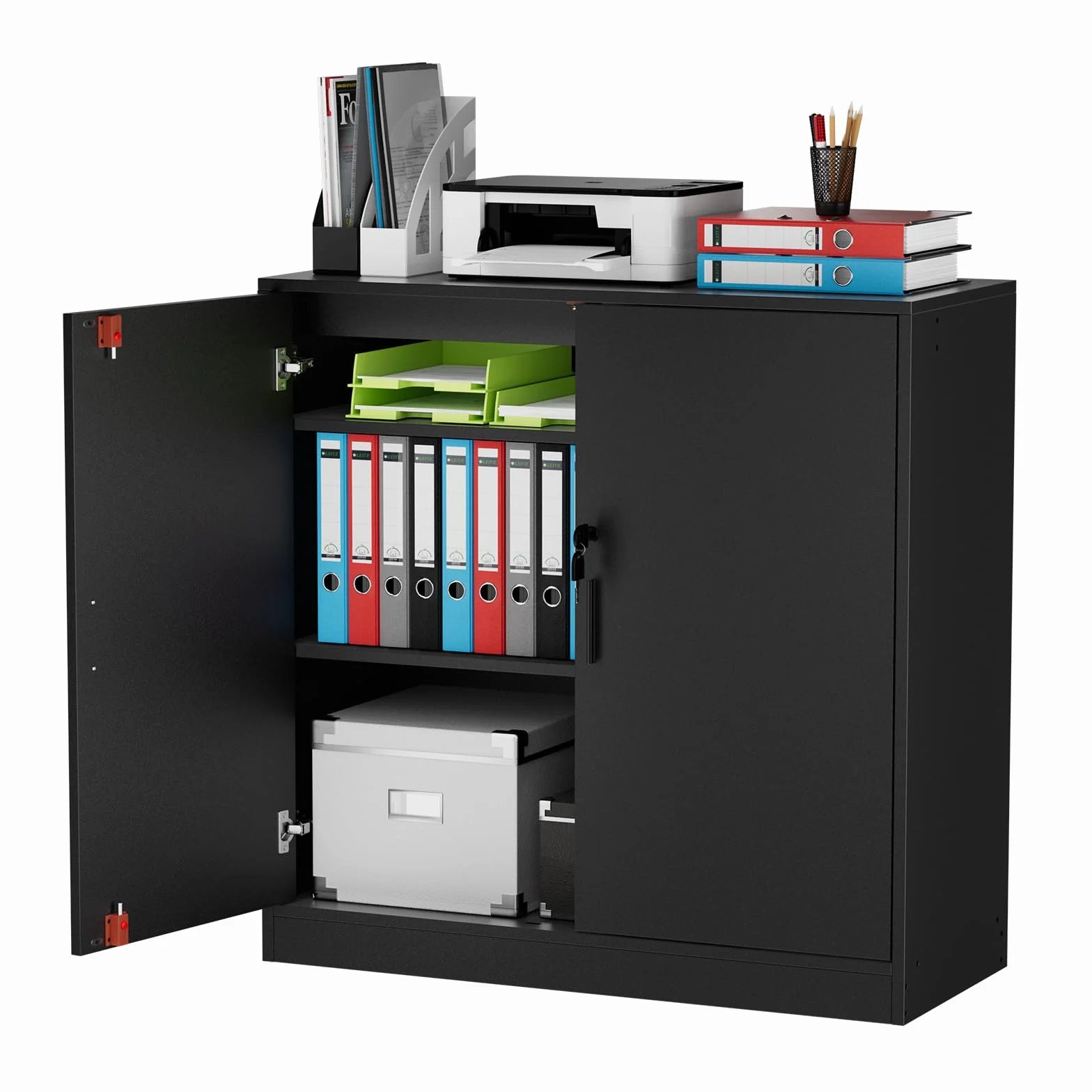 Armario Oficina con Llave, Armario Multiusos Almacenaje para Cocina Archivador Oficina Dormitorio Garaje Herramientas y Salon, Baldas Ajustable, 2 Puertas, 87×87×37cm, Negro