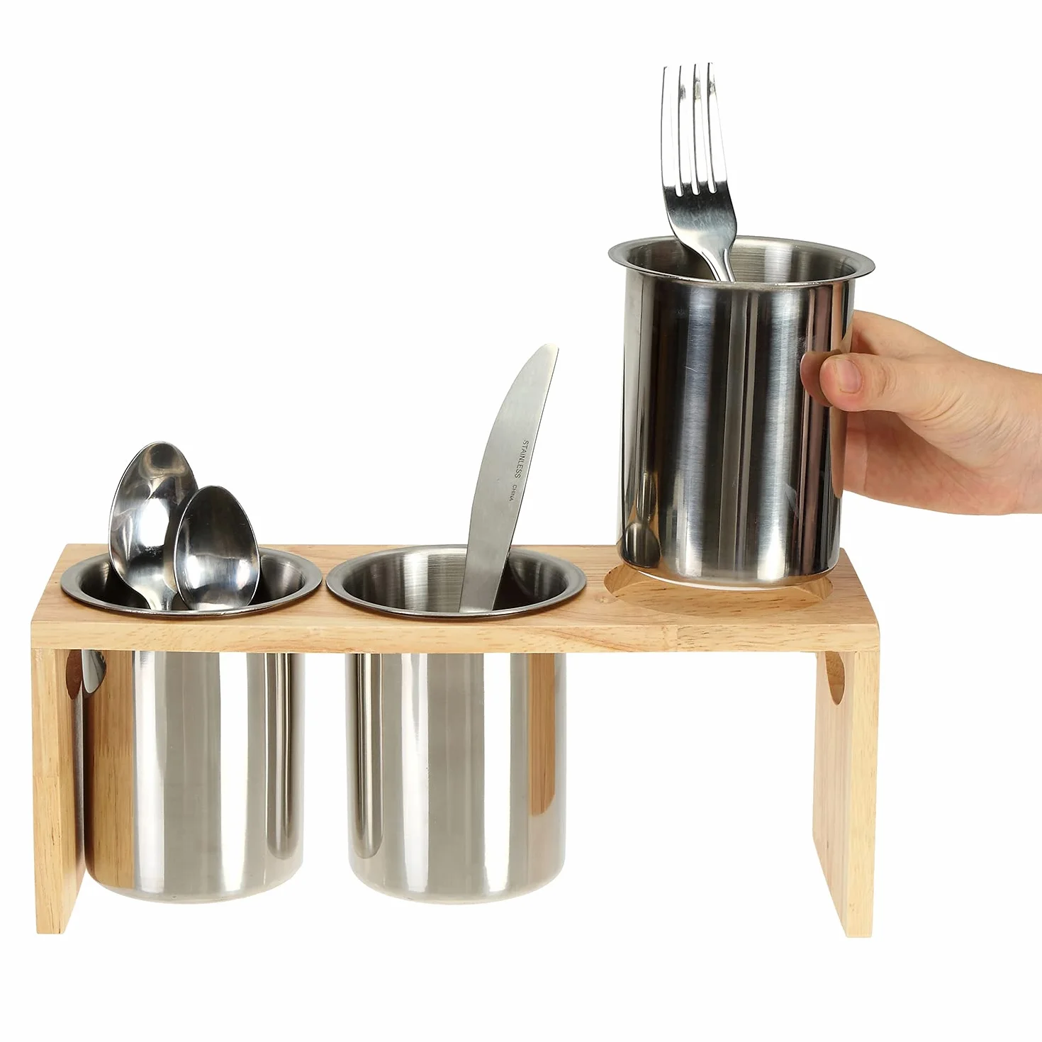 ZOOFOX Paquete de 3 soportes para cubiertos, organizador de utensilios de acero inoxidable con base de madera, organizador de cubiertos para cucharas, cuchillos y tenedores, ideal para mesa de cocina,