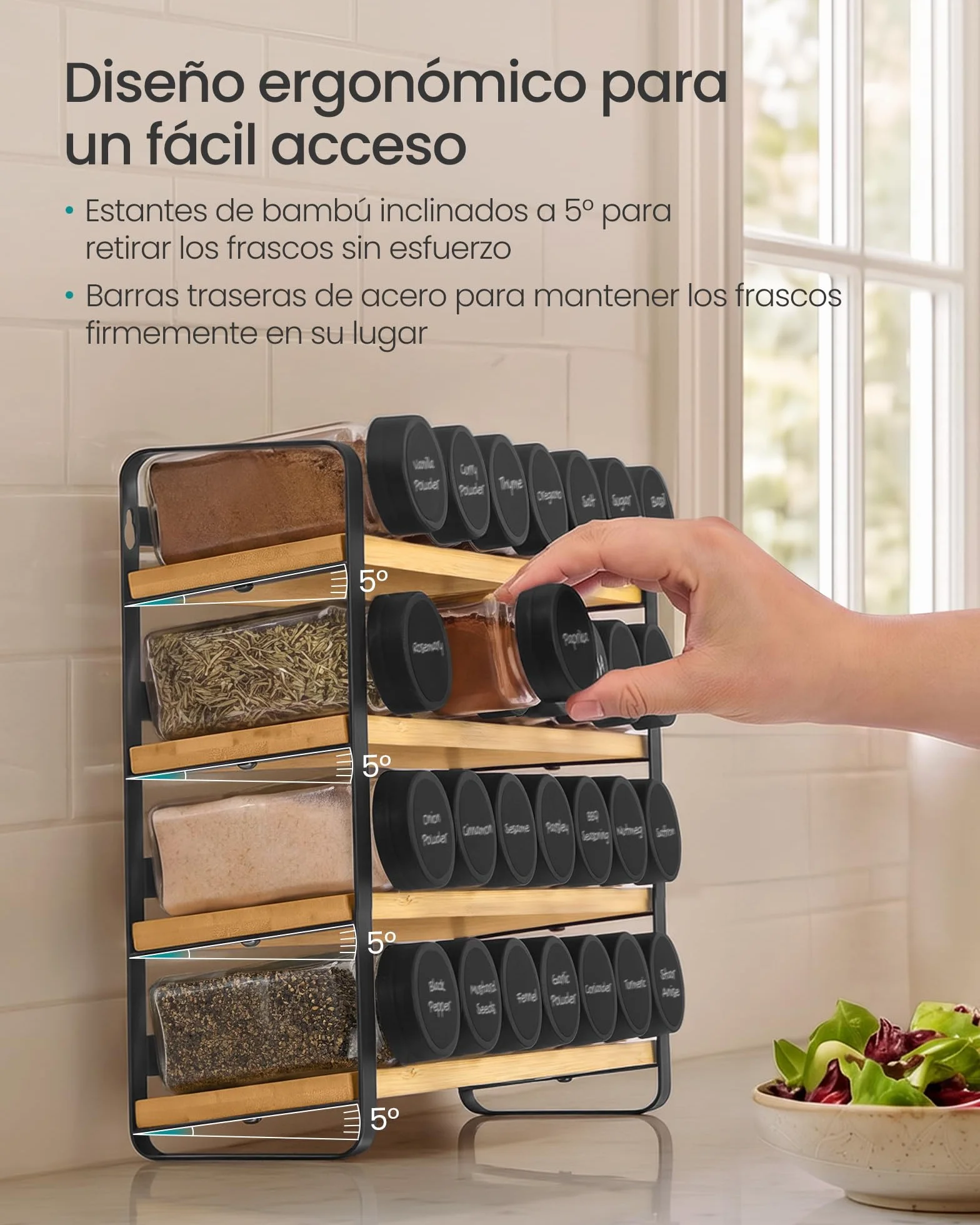 SONGMICS Especiero, Organizador de Especias de Bambú y Acero, Estante con 28 Botes de Cristal, 35 x 9 x 26 cm, Negro y Natural, para Pared y Encimera de Cocina Colección Bystro KCS064B101