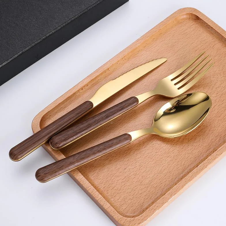 Este Juego de Cubiertos, 5/20/30/40 Piezas, Cuchillo, Tenedor y Cuchara de Acero Inoxidable con Mango de Madera, Estilo Retro, Incluye Cuchara para café, Postre y Tenedor para Fruta, Color p