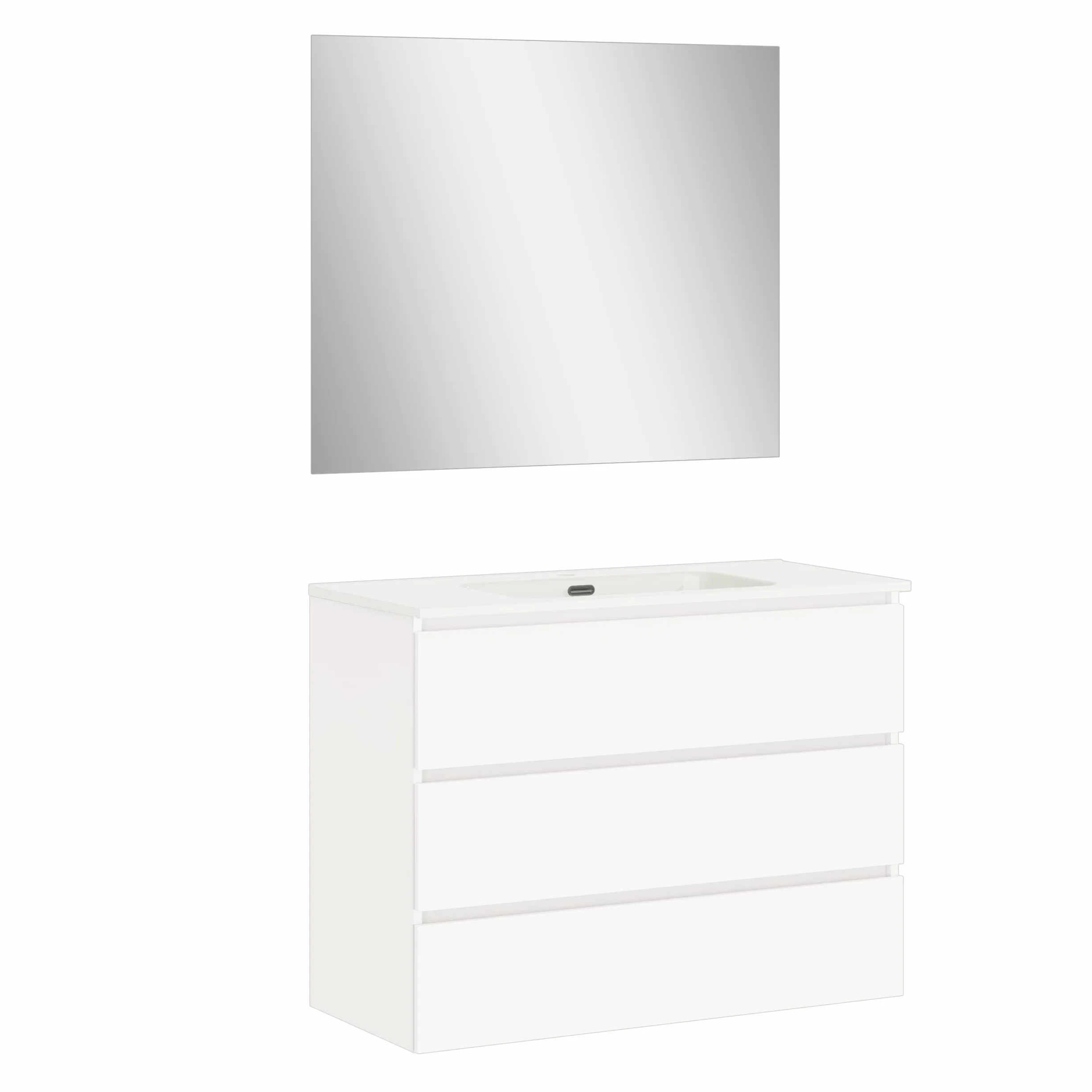 Baikal | Conjunto Completo de Mueble de Baño Suspendido a la Pared con Lavabo Cerámico y Espejo | Tres Cajones, Cierre Amortiguado, Melamina 16mm | Mueble MONTADO | Blanco Mate | 100cm