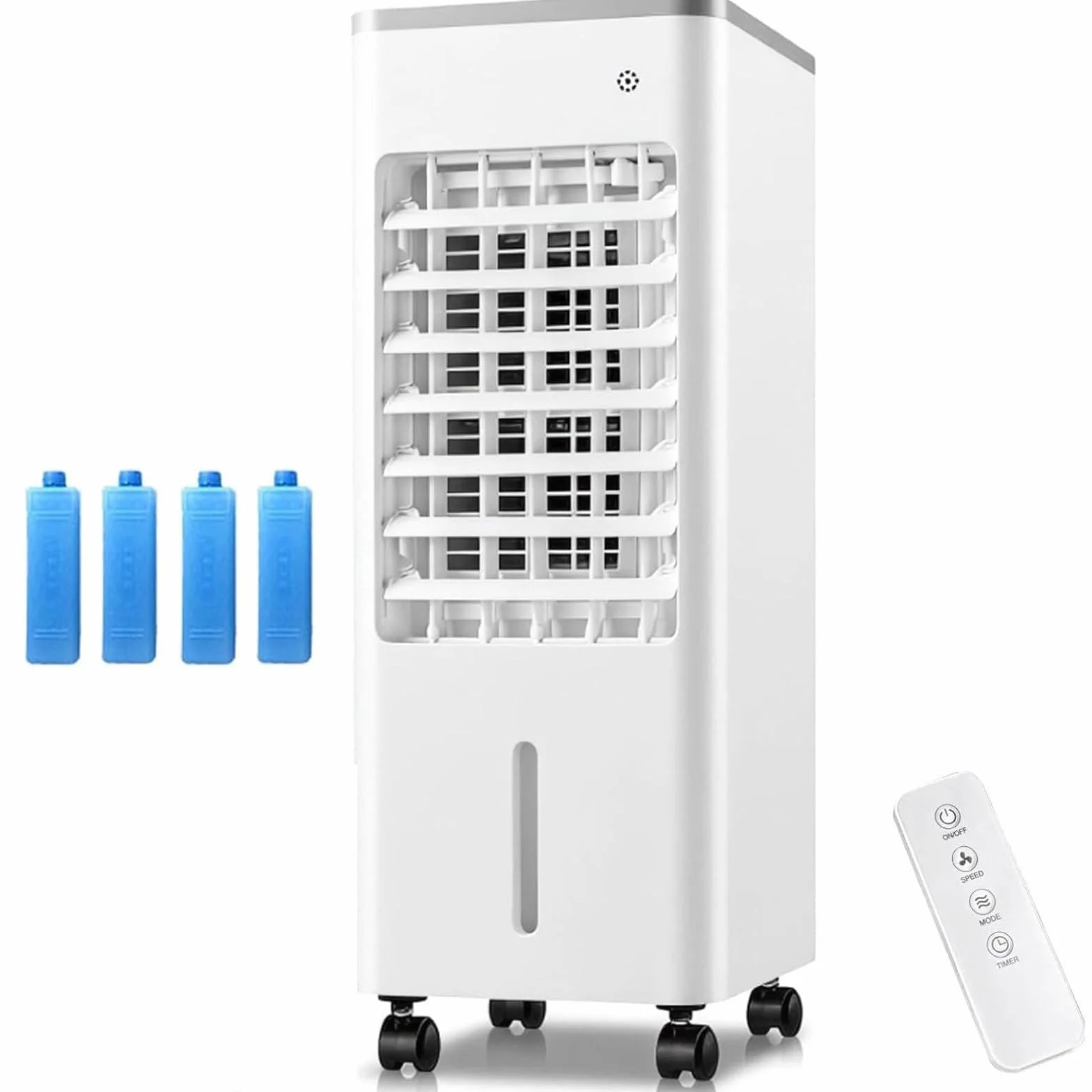 Climatizador Portátil Evaporativo,Oscilación 90°,3 Velocidades y Modo Sueño | Enfriador de Aire con Cristales de Hielo 75W Bajo Consumo, Depósito 4,1-6L,con Mando a Distancia y Ruedas para ，Blanco