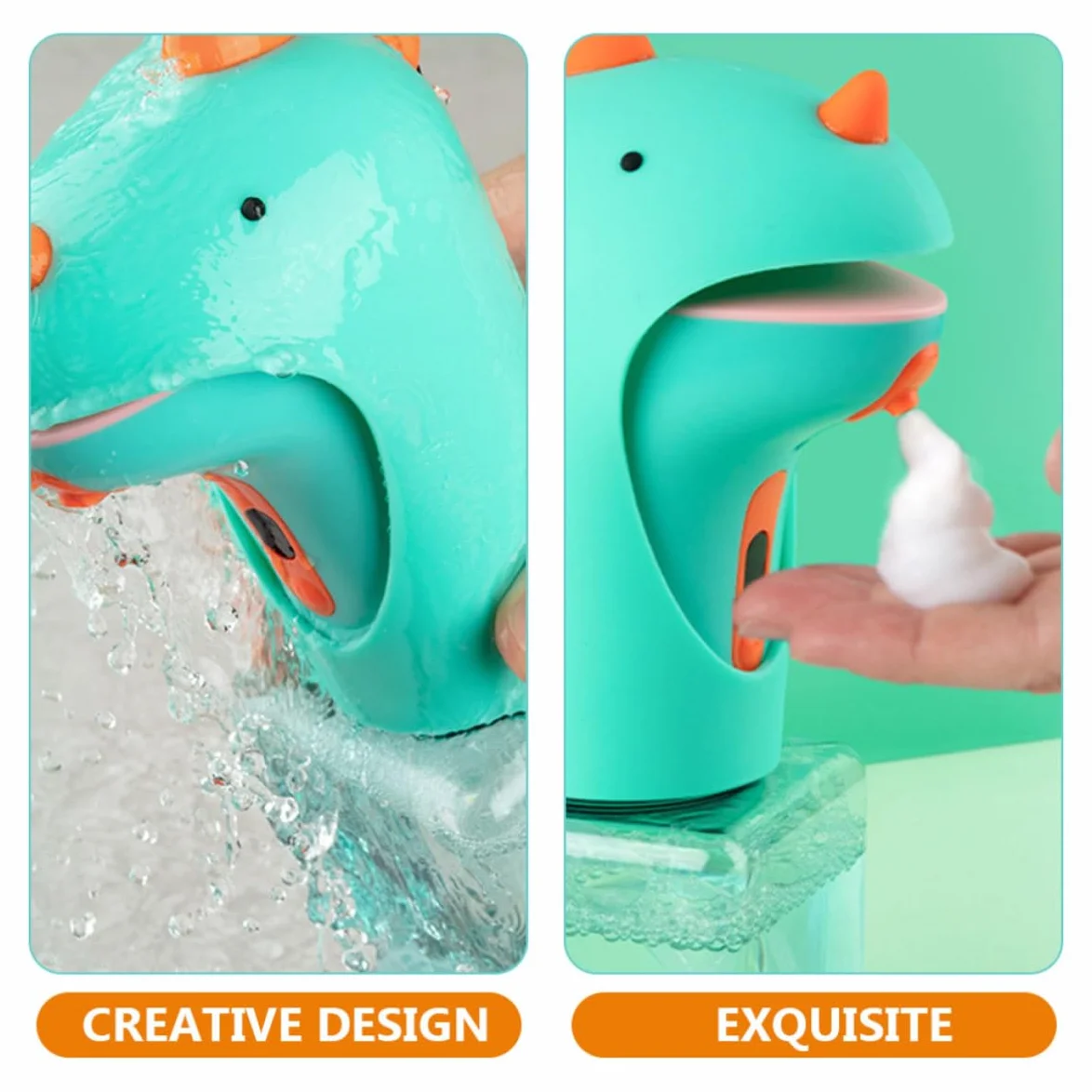 TEHAUX Dispensador de Jabón sin Contacto Dispensador de Jabón Automático de Dinosaurio de Dibujos Animados, Verde, Silicona, Abs y Petg, Antideslizante, Ligero, Cocina y Uso Diario