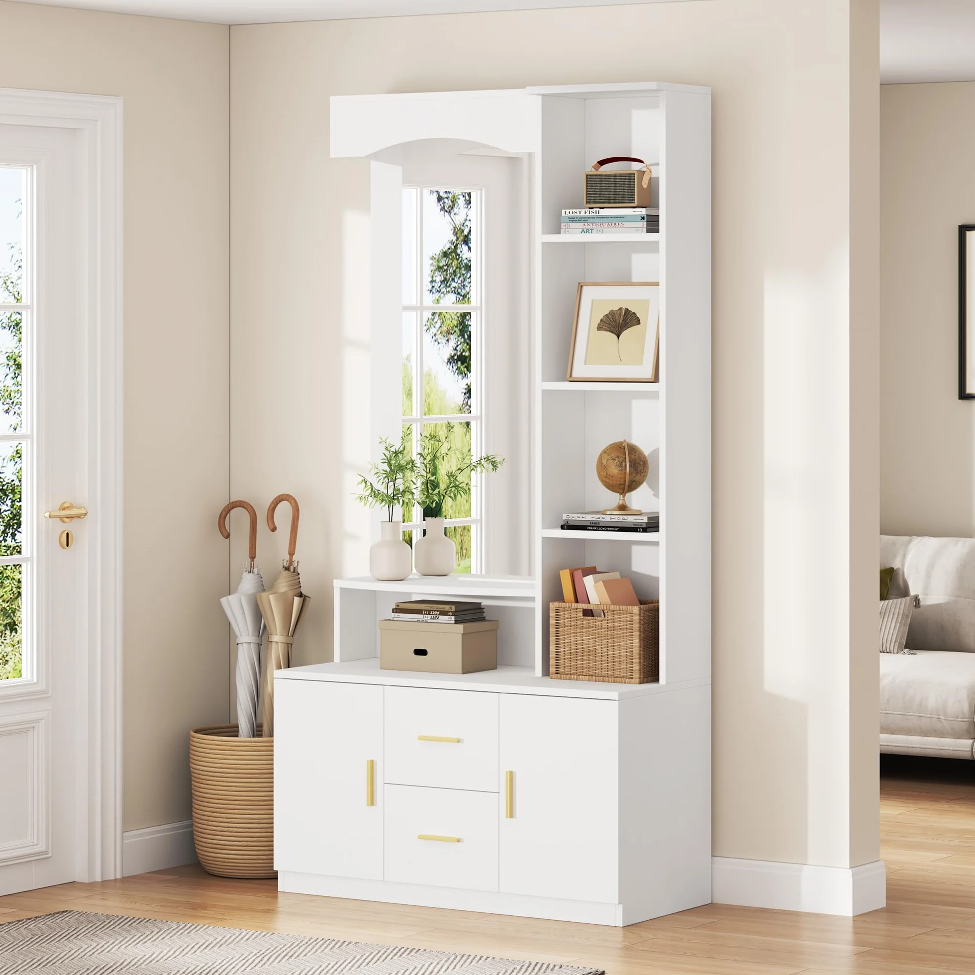 Juego de Perchero 90x40x180 cm Conjunto de Perchero Entrada Recibidor con Espejo y Estante, Perchero de Pasillo con 2 Cajones y Almacenamiento, Mueble de Entrada Multifuncional, Blanco