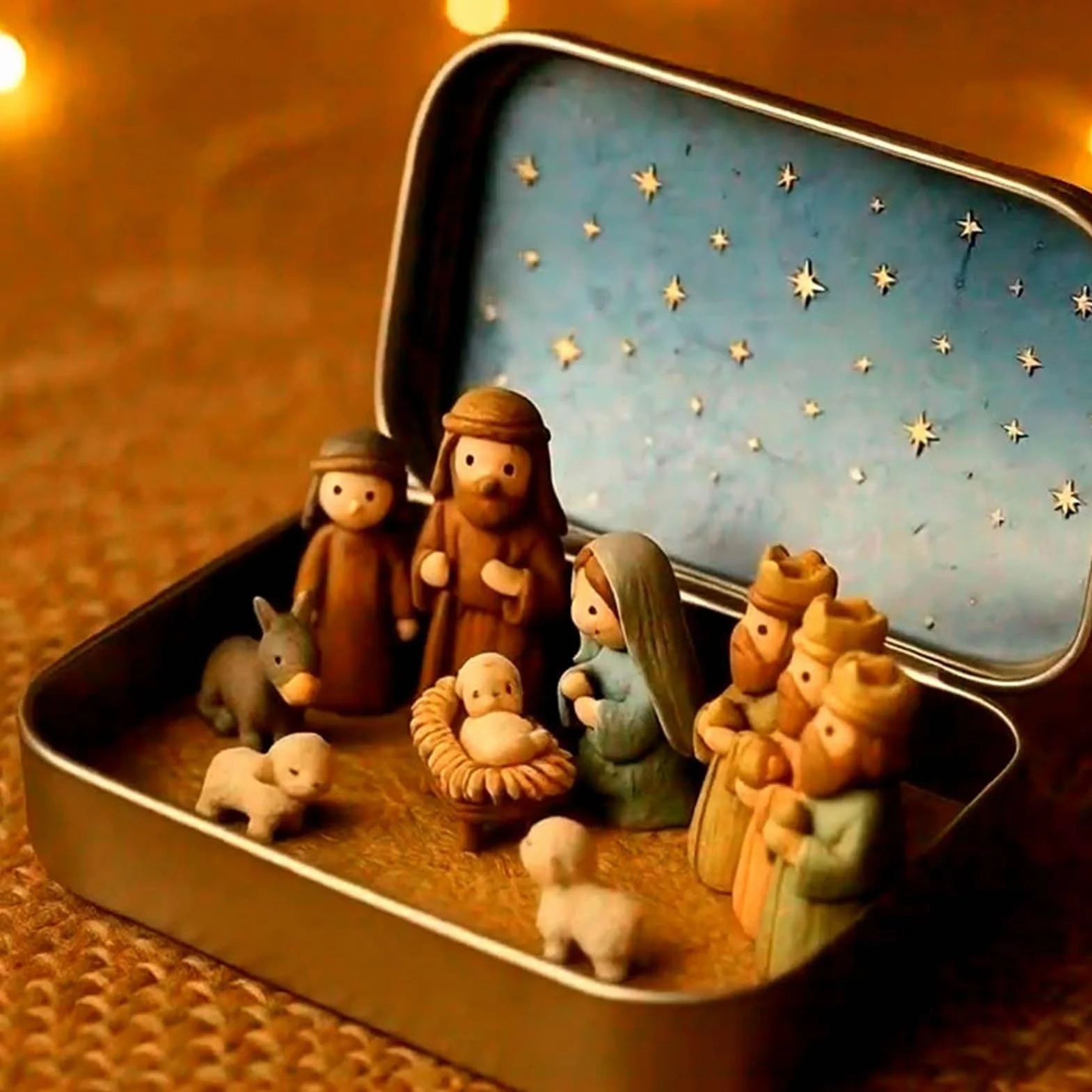 Belén en Caja de Hojalata 13x2.5x8cm Figuras Mini Sagrada Familia Navidad Regalo