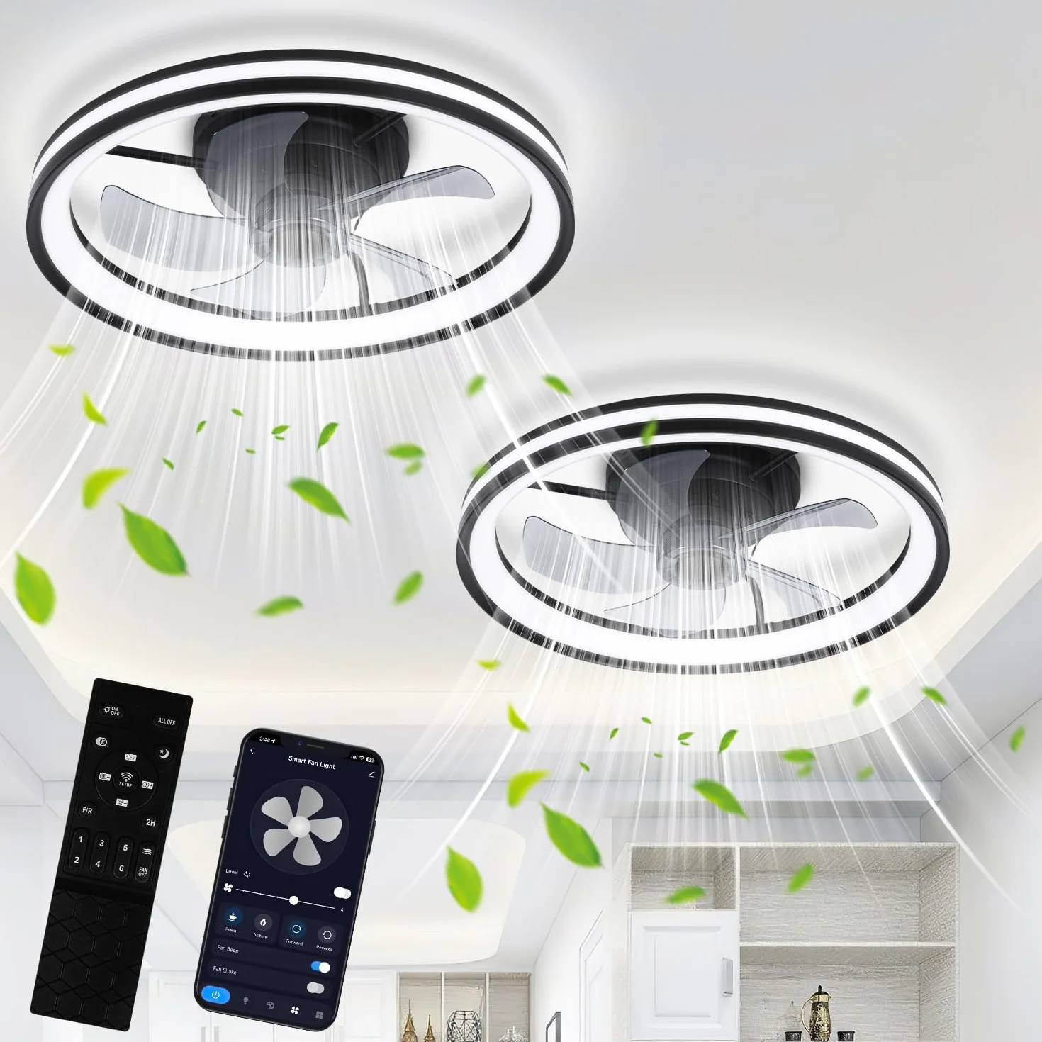 2 ventiladores de techo con iluminación y mando a distancia, diámetro de 48 cm, lámpara de techo con ventilador regulable, 3 temperaturas de color y 6 niveles, función verano/invierno, con