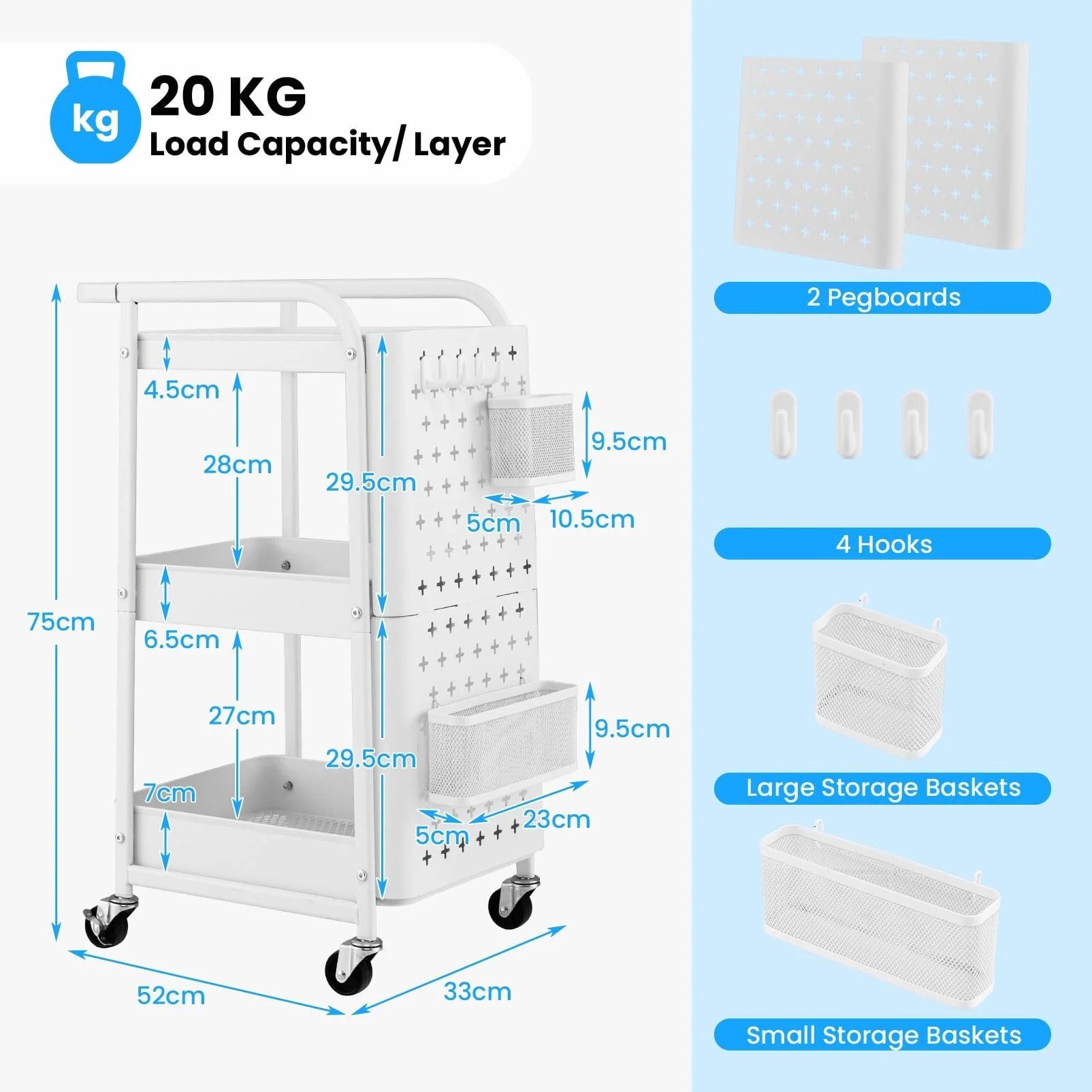 KOMFOTTEU Carro de Almacenamiento de 3 Niveles, Carrito Rodante con 2 Tablero de Clavijas, 2 Cestas y 4 Ganchos, Carro de Servicio de Metal para Cocina, Baño, Oficina, 52 x 33 x 75 cm (Blanco)