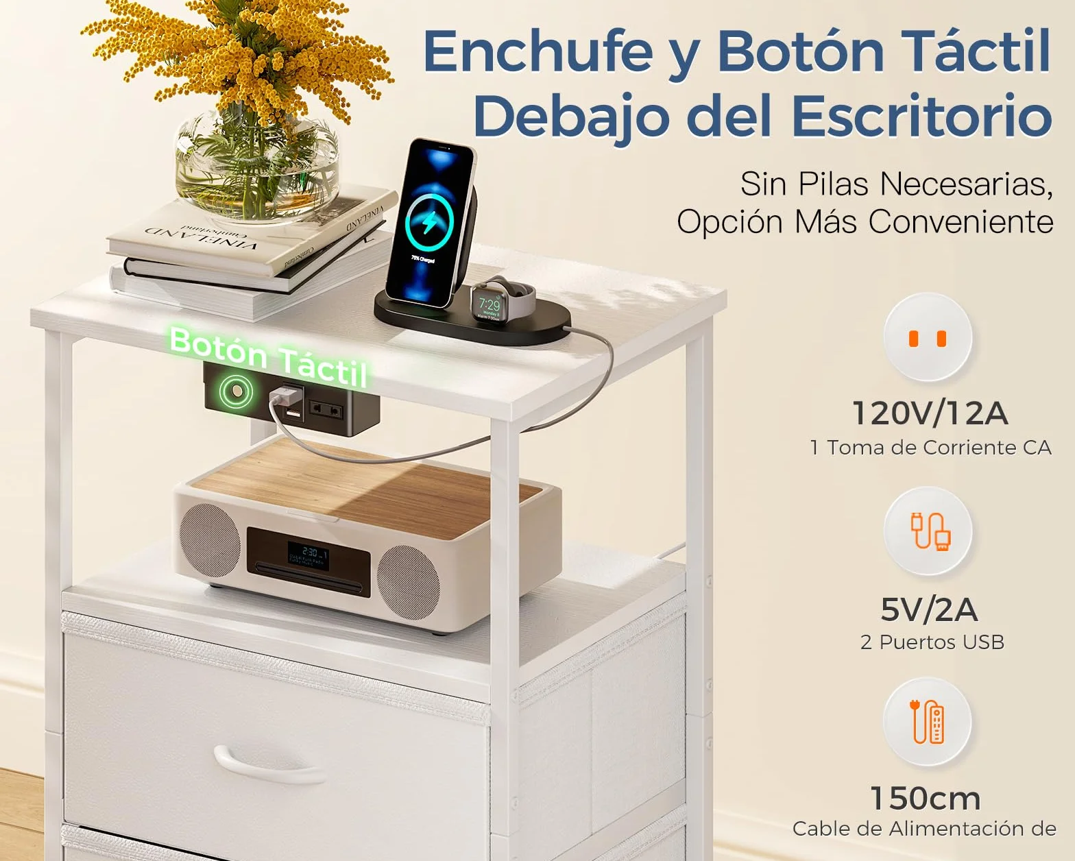 Coleshome Mesitas de Noche Blanco, con Enchufe, 2 Puertos USB y Tira de Luces LED, Mesita de Noche con 3 Cajones de Tela y 2 Espacio de Almacenamiento, 40 x 30 x 70 cm, 1 Paquete