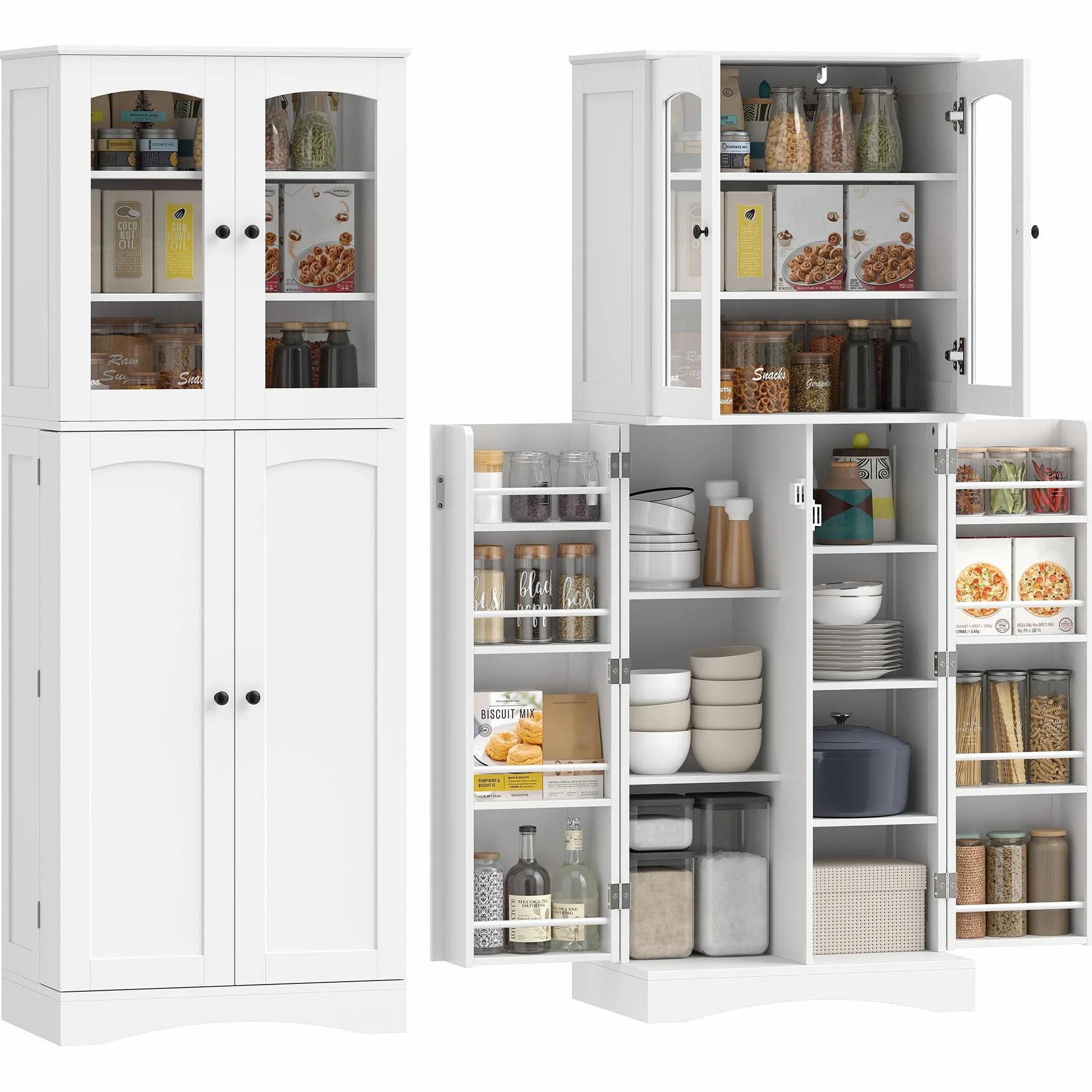 HOMCOM Armario de Cocina, Armario Despensa Cocina, con Puertas Acrílicas de Cierre Suave, 10 Estantes, 8 Compartimentos, Alacena Moderna con 4 Estantes Ajustables para Comedor, 60x40x162 cm, Blanco