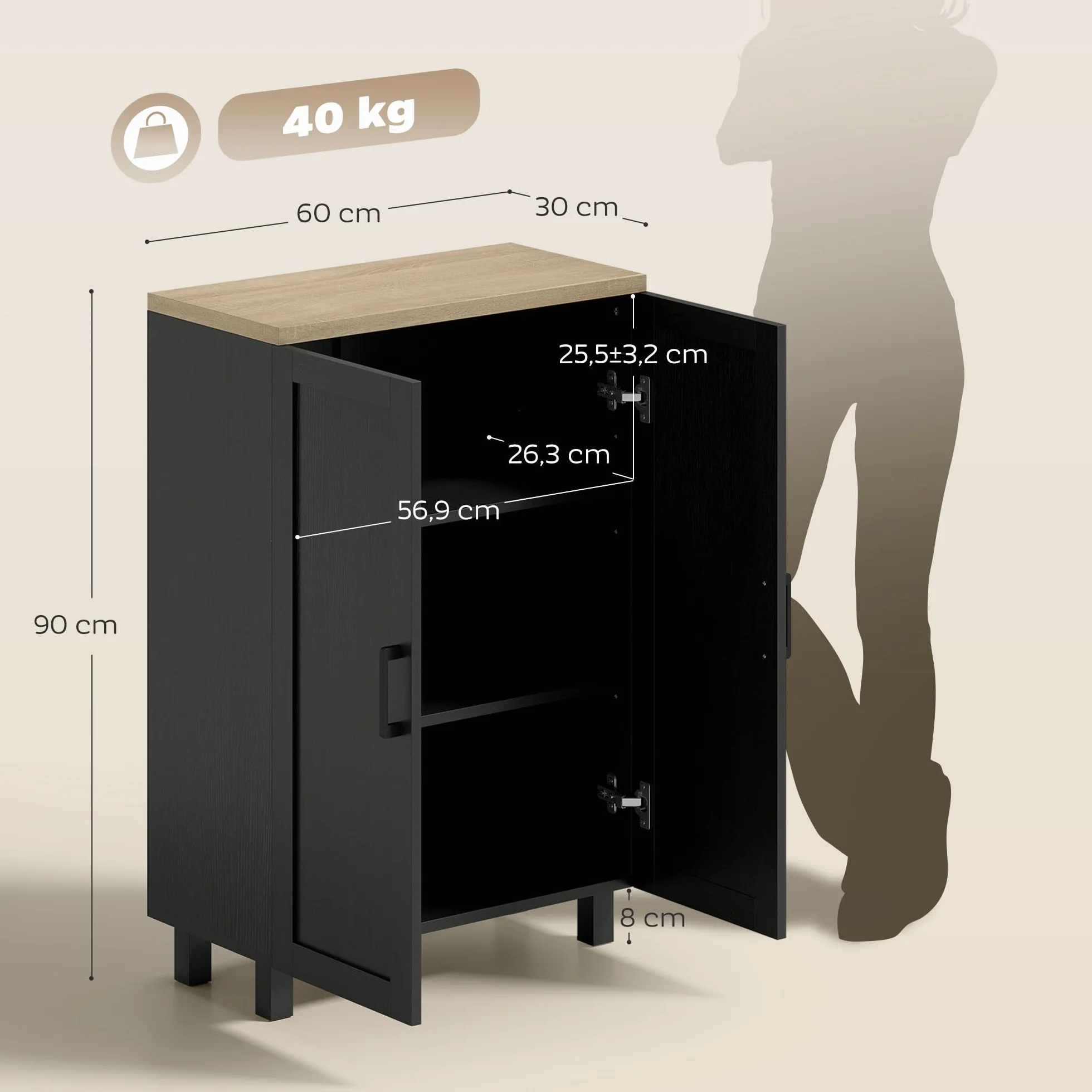 HOMCOM Aparador de 2 Puertas, Armario Estrecho con Estante Ajustable, 60x30x90 cm, Negro