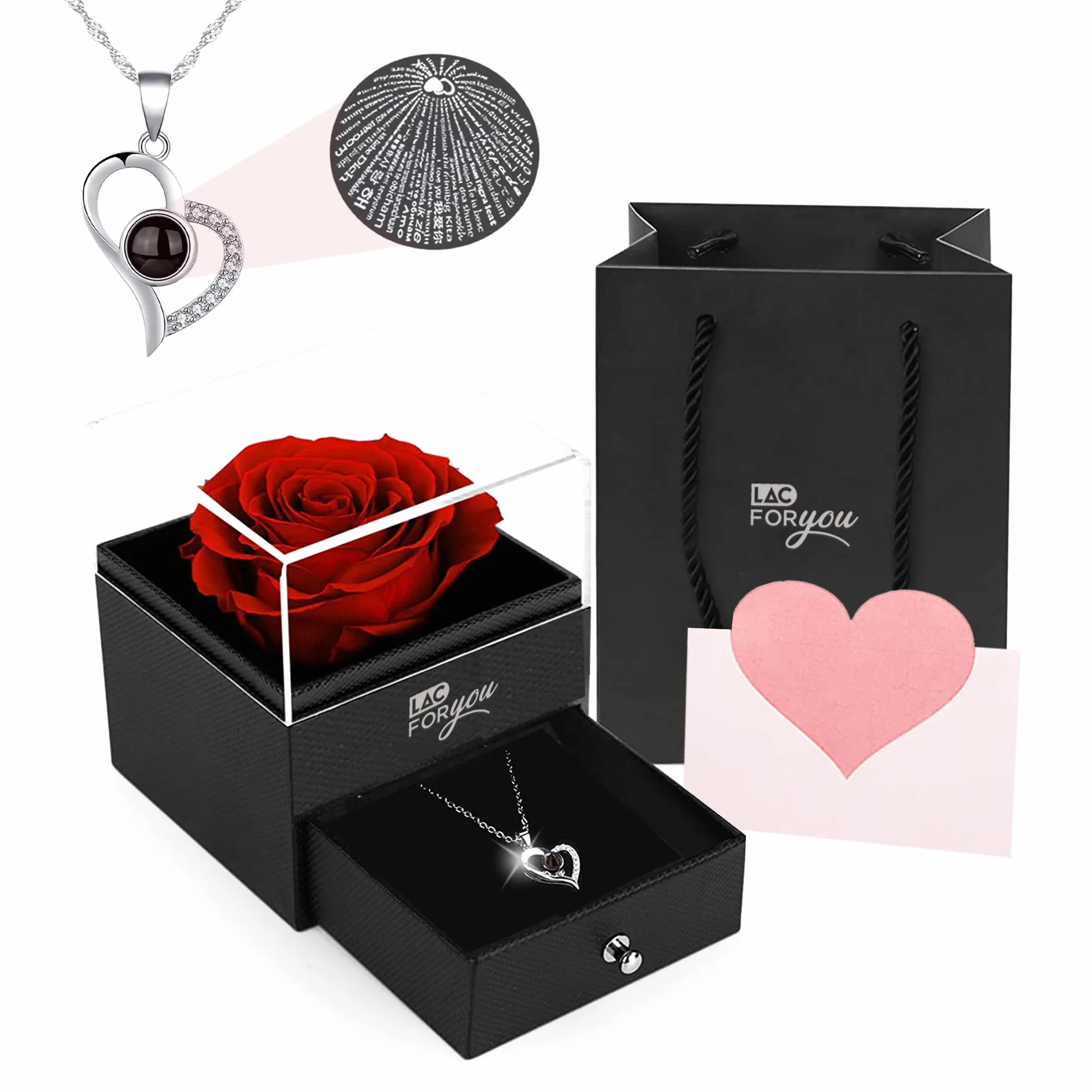 Rosa Eterna Natural Preservada Caja Rosa con Collar Regalo Mujer Novia Aniversario