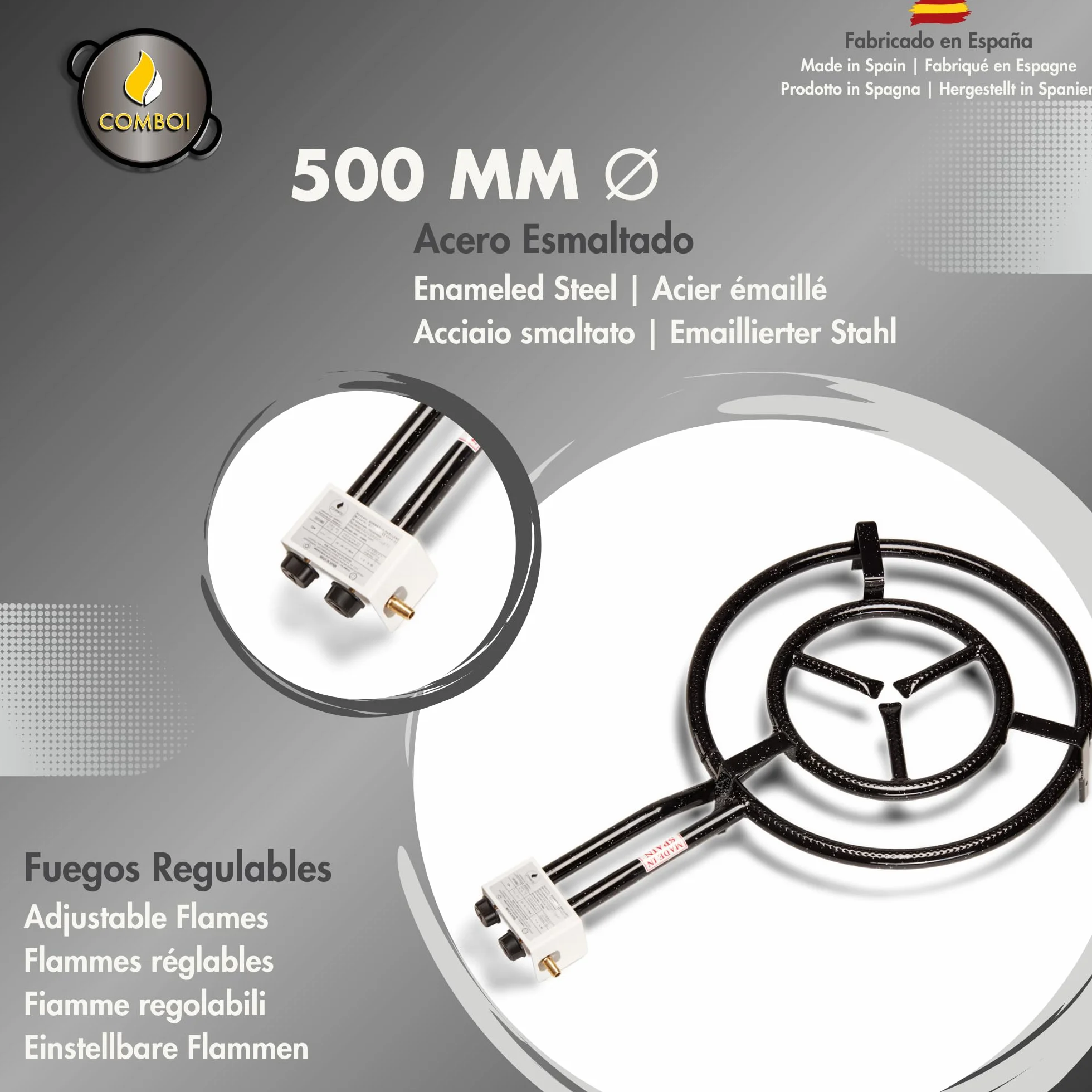 COMBOI Paellero gas butano 50 CM, Paellera de 60 CM, Kit Quemador, Regulador de gas, Manguera, Patas Tripode, Paravientos, nivel, delantal, Libro de Recetas digital (KIT Paellero 50 CM + PARAVIENTOS)