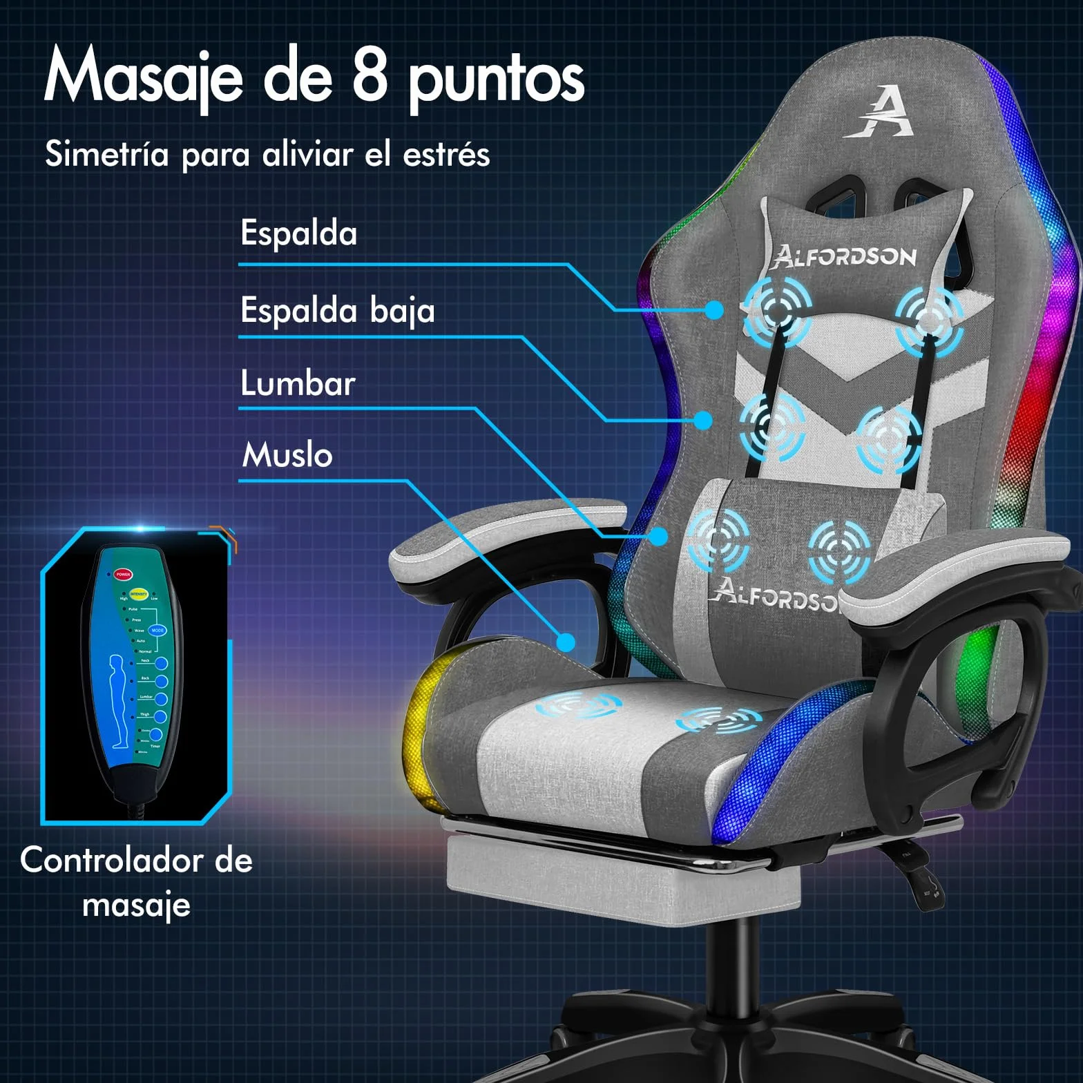 ALFORDSON Silla Gaming con Masaje y LED, Silla Gamer Ergonómica con Cojín Lumbar y Cervical, Reposapiés Telescópico, Iluminación para Ordenador, Videojuego, Juegos, Oficina, Lino(Gris con Splicing)