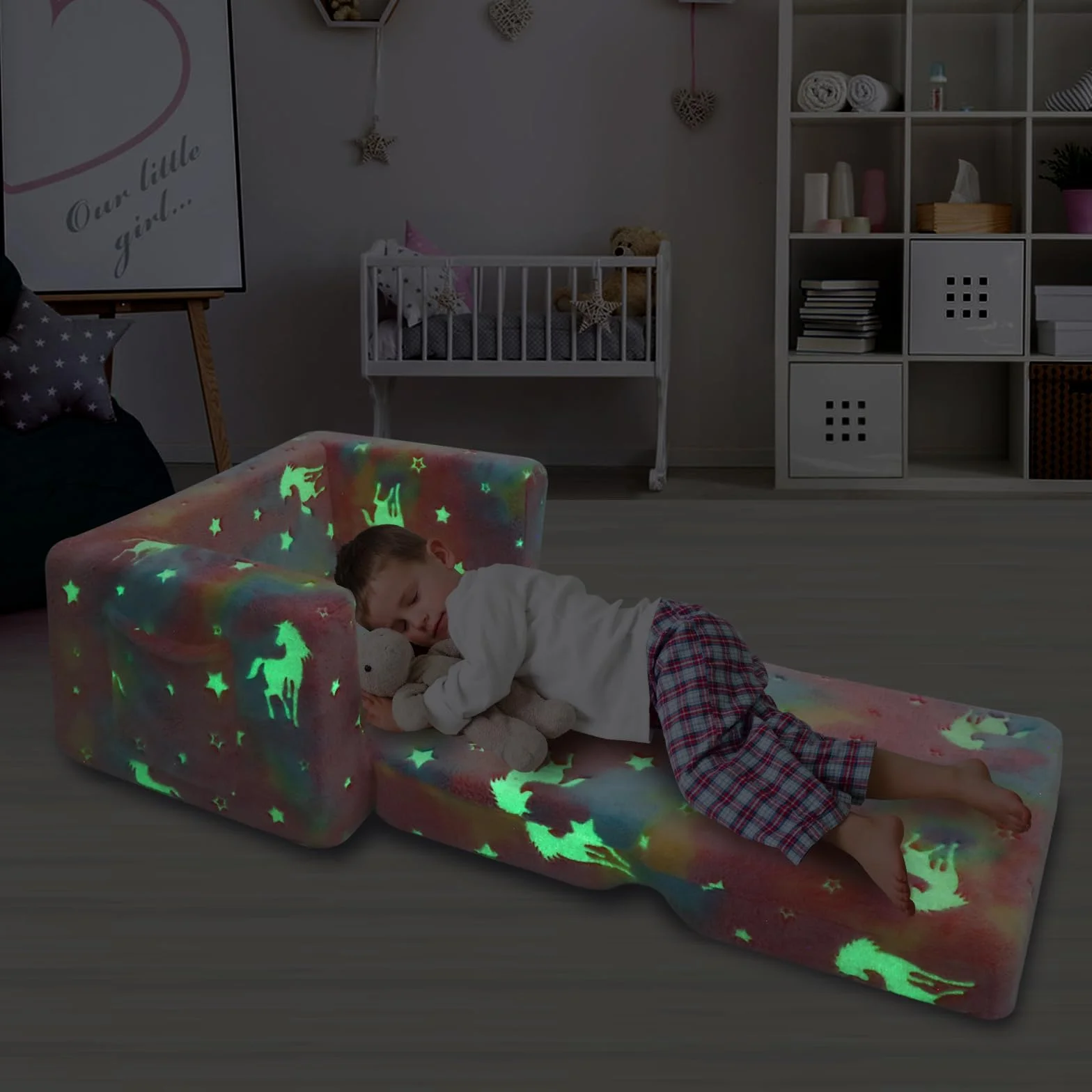 SLIGUY Sofá Plegable Niños Convertible Tumbona Brillante Oscuridad Unicornio Rosa