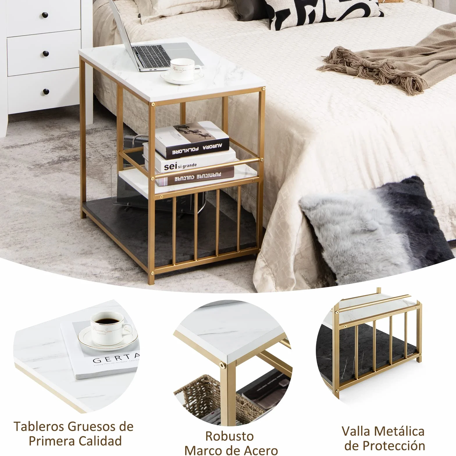 COSTWAY Mesa Auxiliar Blanca, Mesa con 3 Niveles y Estructura en Acero Pintada Dorada, Mesita Moderna para Salón Dormitorio, Fácil de Montar, Mármol y Oro 60 x 40 x 60,5 cm