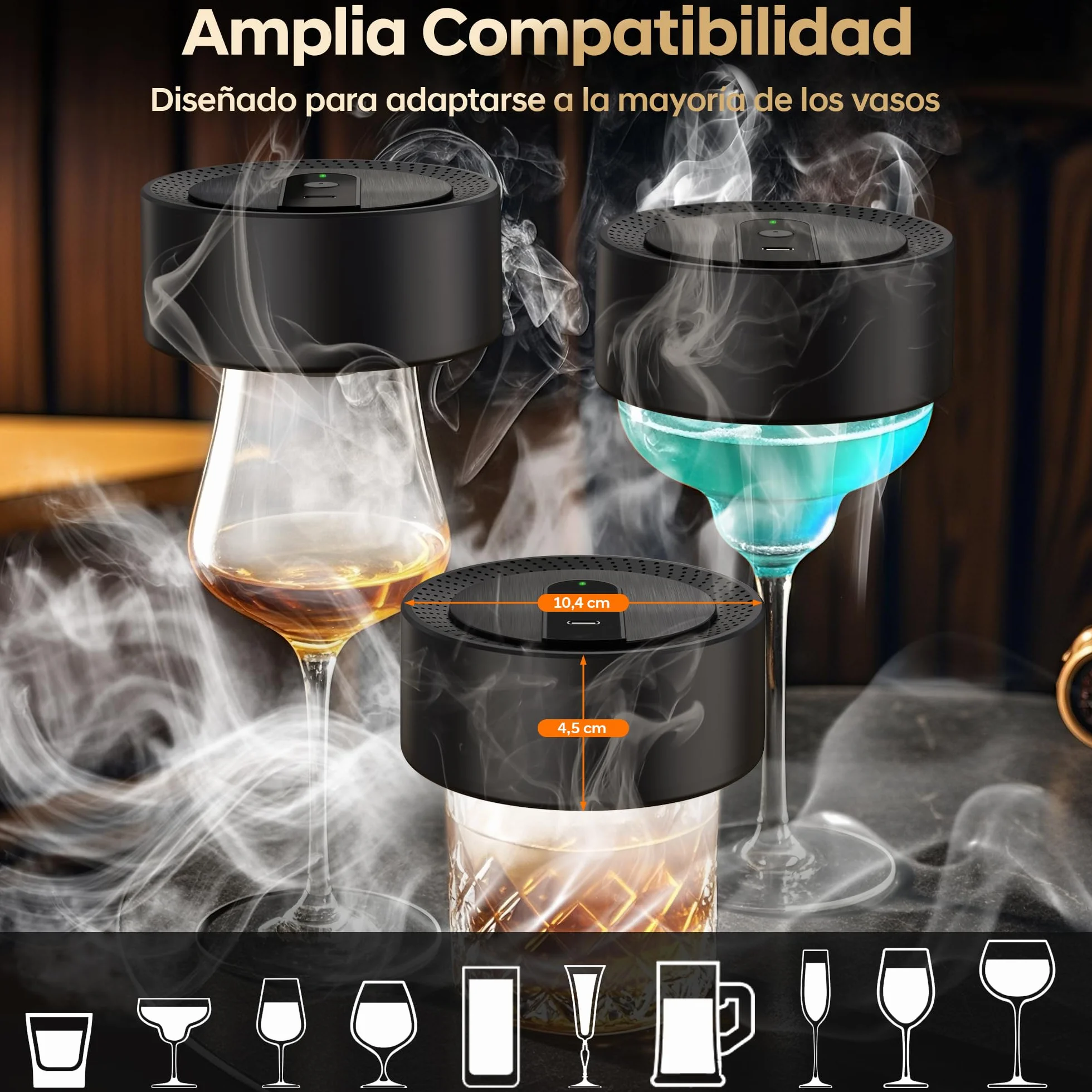 Kit Ahumador Eléctrico Para Cócteles, Ahumador Whisky Old Fashioned Con 8 Sabores de Virutas de Madera, Recargable USB-C Para Bebidas, Bourbon, Cócteles, Vino, Café Y Alimento, Regalo hombres