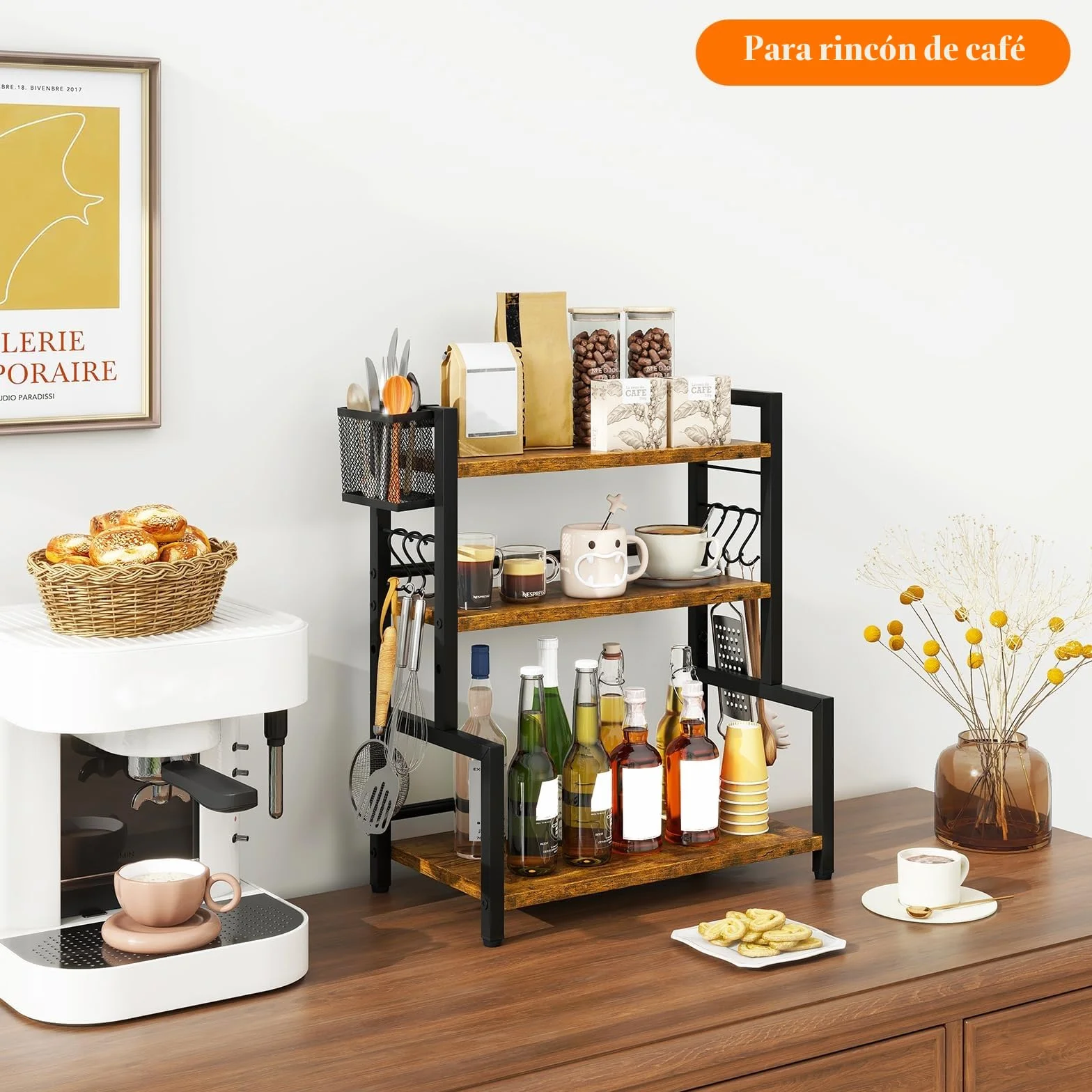 YMYNY Estante para Especias con Cesta Metálica, Estante de Encimera para Armario, Organizador con 6 Ganchos, Soportes para Botes de Especias, Para Cocina, Baño, 43 x 24 x 53CM Marrón Rústico HSR006H