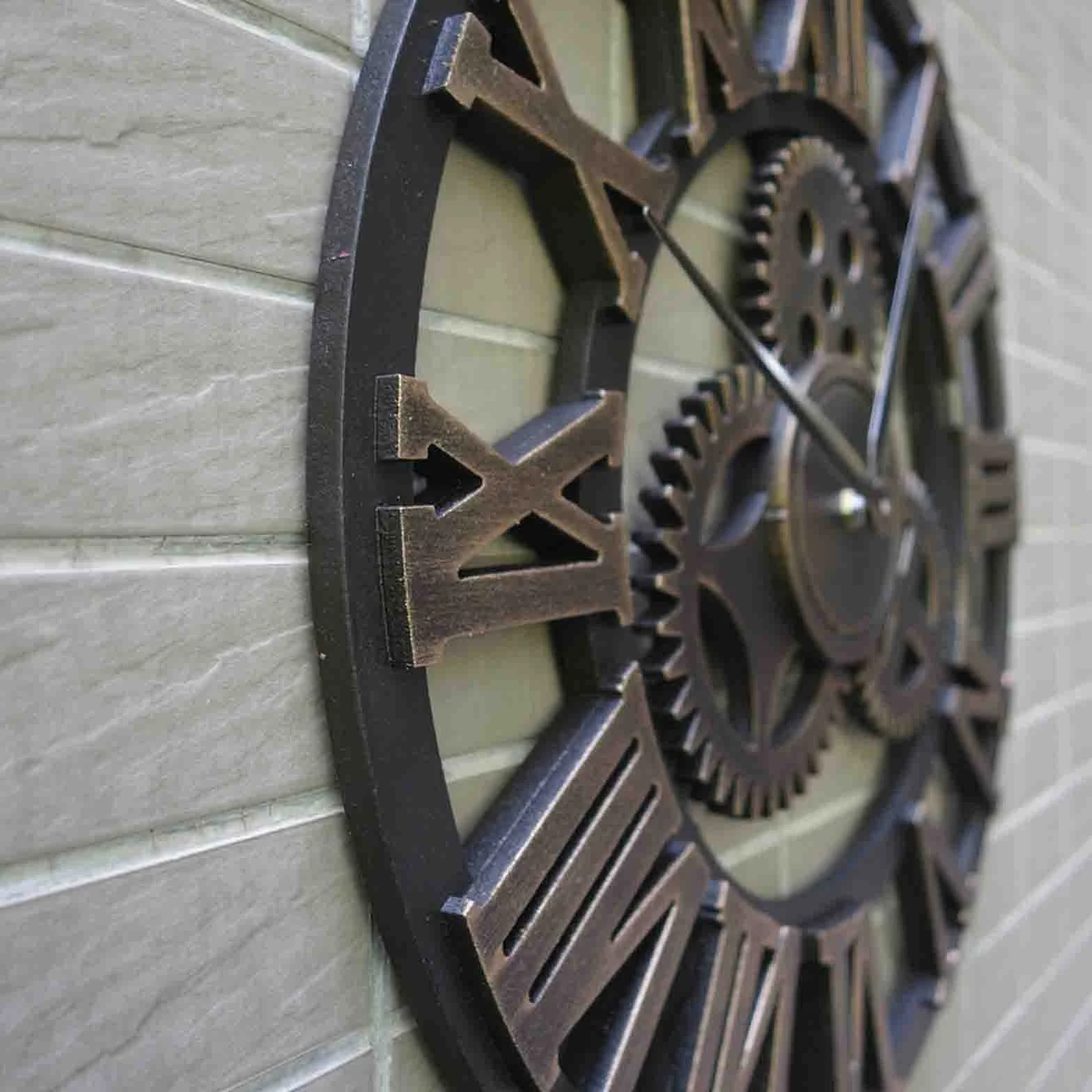 Reloj de pared, reloj para exteriores, reloj de jardín, reloj de pared extragrande, decorativo de hierro forjado, cuarzo silencioso, engranajes industriales, negro, números de metal rústico, estilo