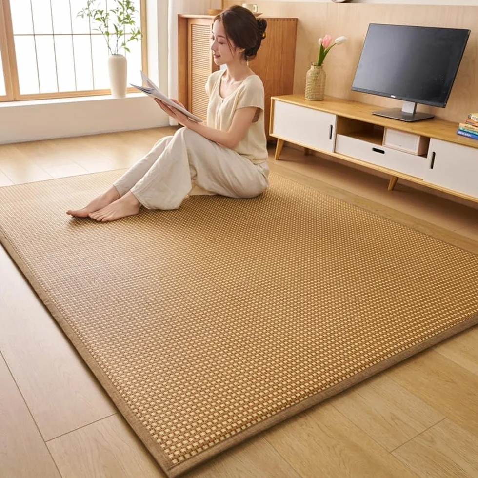 Esterilla de Tatami Japonesa Tradicional de bambú y ratán, colchón futón japonés Enrollable, Esterilla Gigante de Espuma viscoelástica for meditación y Juego Zen.(Light Brown,200x240cm)