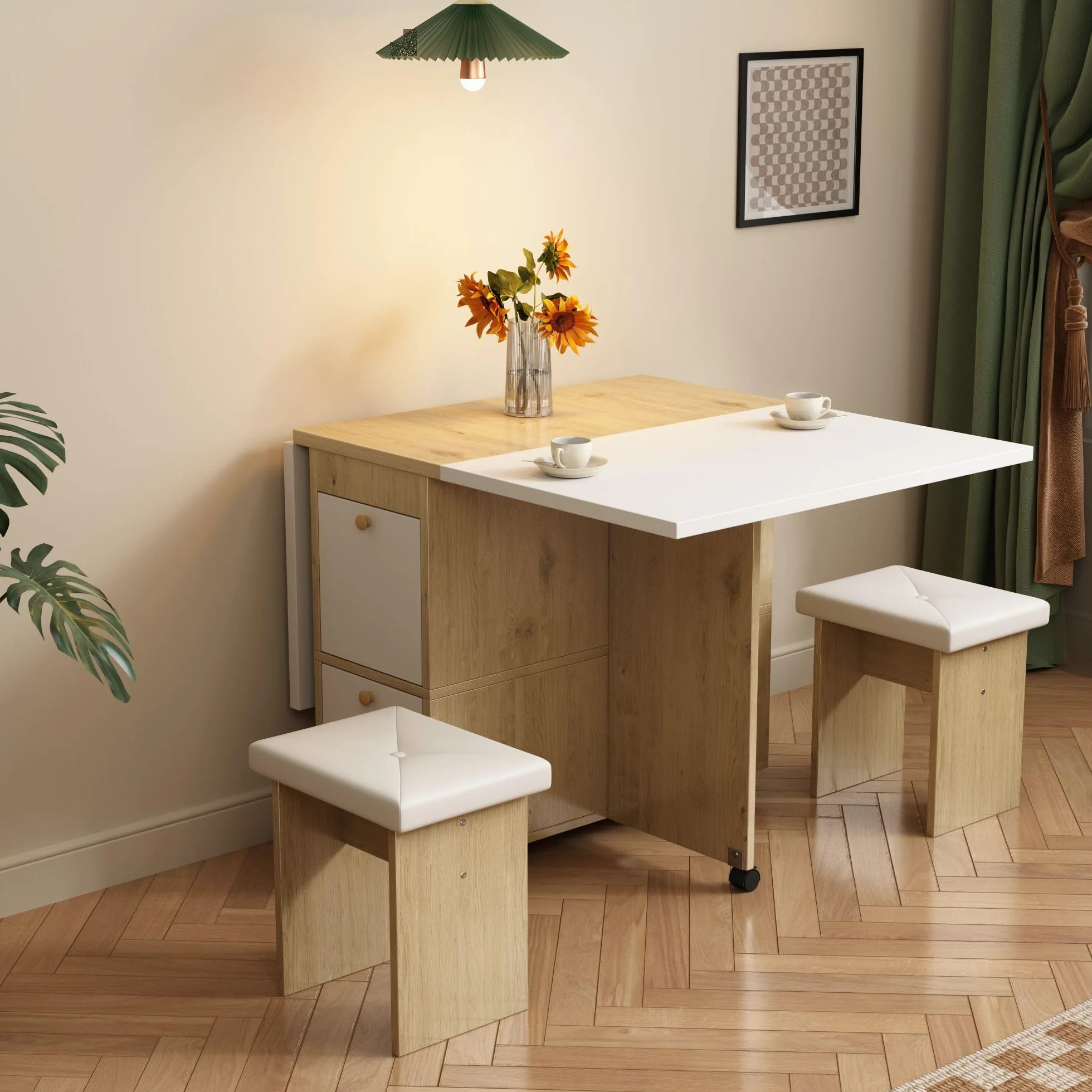 Juego de Comedor Mesa y 4 Sillas, Mesa de Comedor Plegable con Sillas, 120x80x75 cm Juego de Mesa de Comedor Rectangular Extensible con 4 Sillas Cocina, con Función de Almacenamiento (Blanco)