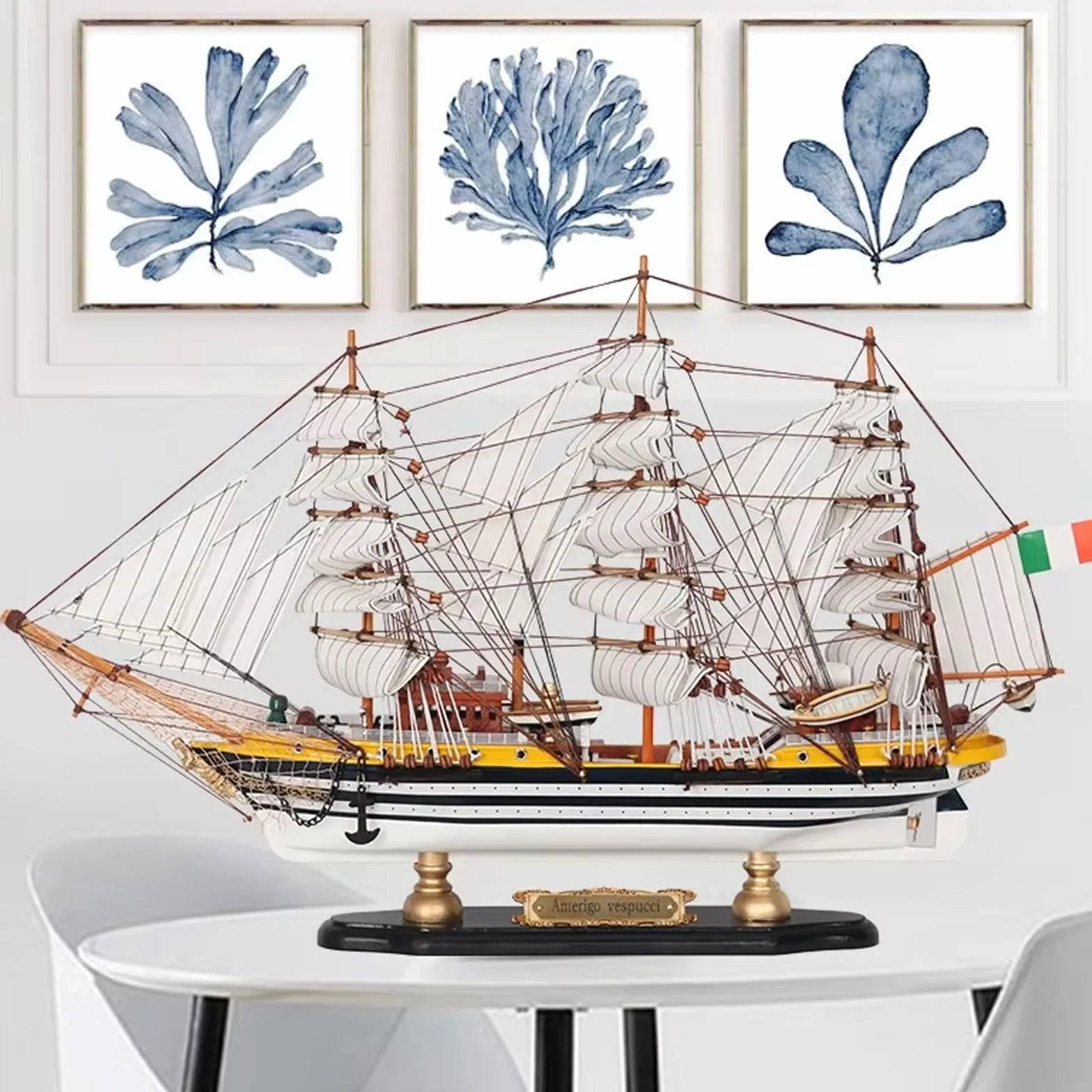 YLME Maqueta de barco de madera Amerigo Vespucci Maqueta de velero de madera maciza Velero de madera Adornos náuticos de madera Colección para el hogar Para regalar,52CM