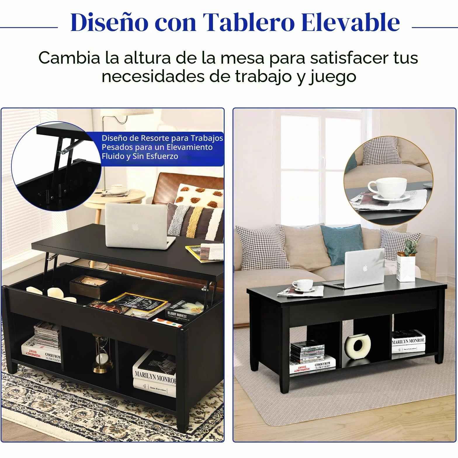 GOPLUS Mesa de Centro Elevable, Mesa Baja Café con Compartimento Oculto y 3 Compartimentos de Almacenamiento, Decorativo para Salón y Oficina (105x52x63 cm, Negro)
