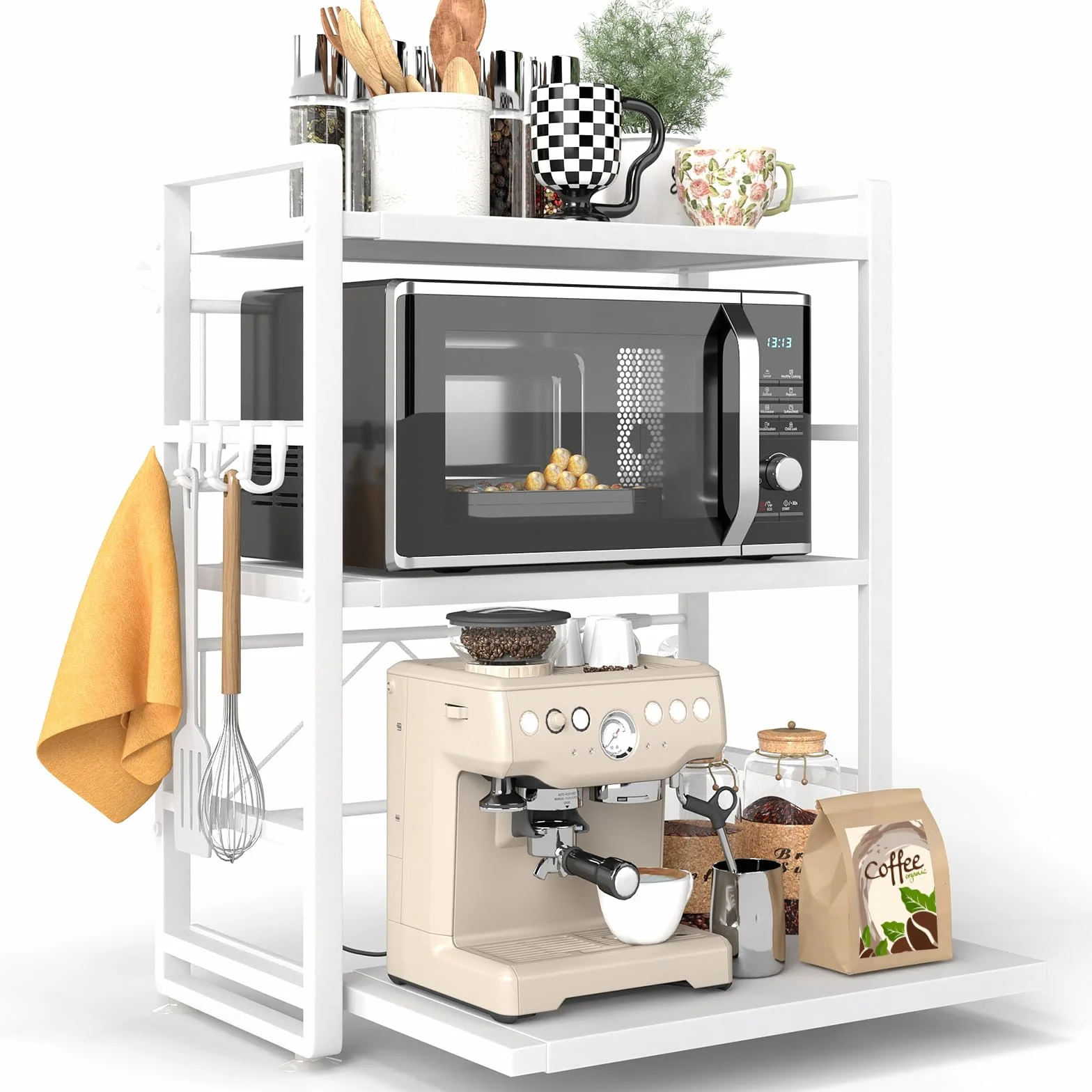 Estantería para microondas de 3 puertas, altura ajustable y extensible, con cajón, de acero al carbono, incluye ganchos y ventosas de refuerzo, estante para panadería (blanco)