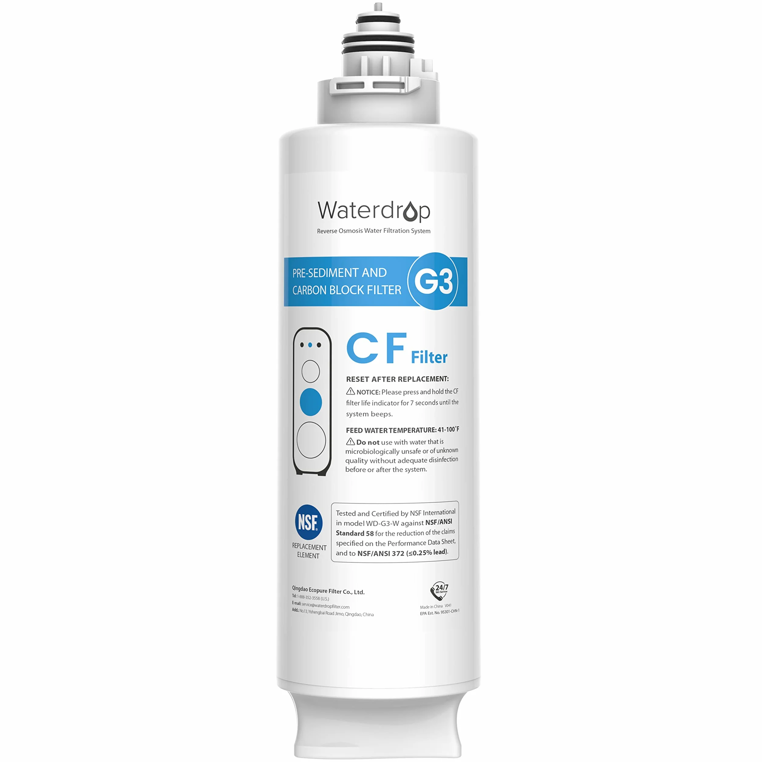 Waterdrop Filtro WD-G3-N1CF, 6 meses de vida útil, Reemplazo para el Sistema de ósmosis inversa WD-G3-W