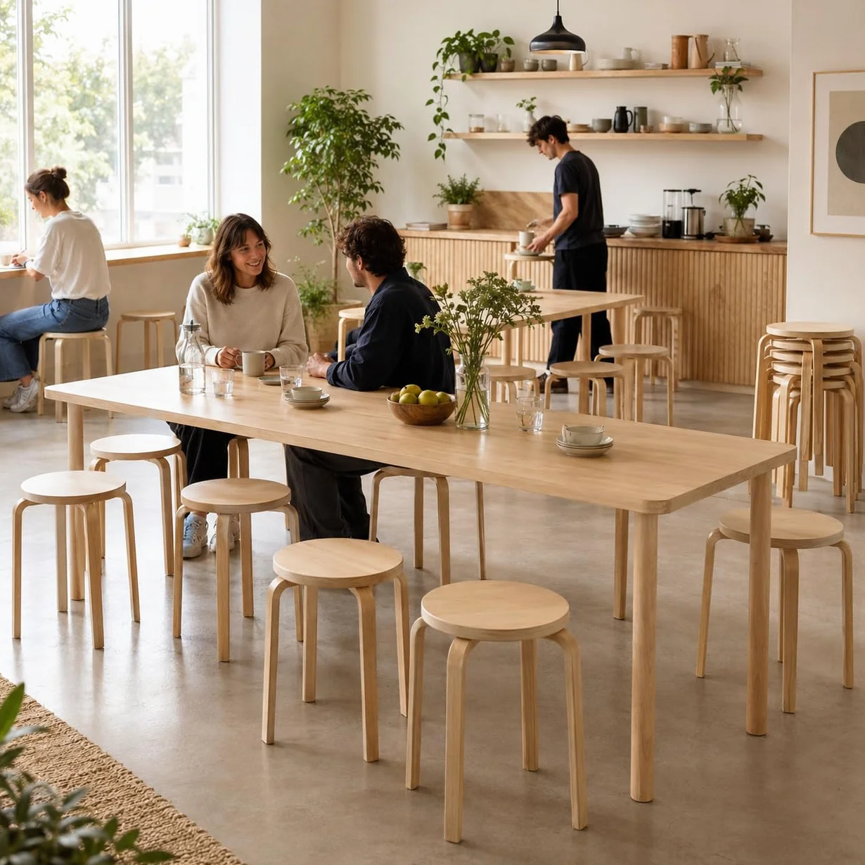 Taburete de Madera Lot de 2 Taburetes Apilables Taburete Bajo Redondo para Cocina Comedor Salón Cafetería Oficina Banqueta de Madera Pequeña Asiento Auxiliar Ahorro Espacio